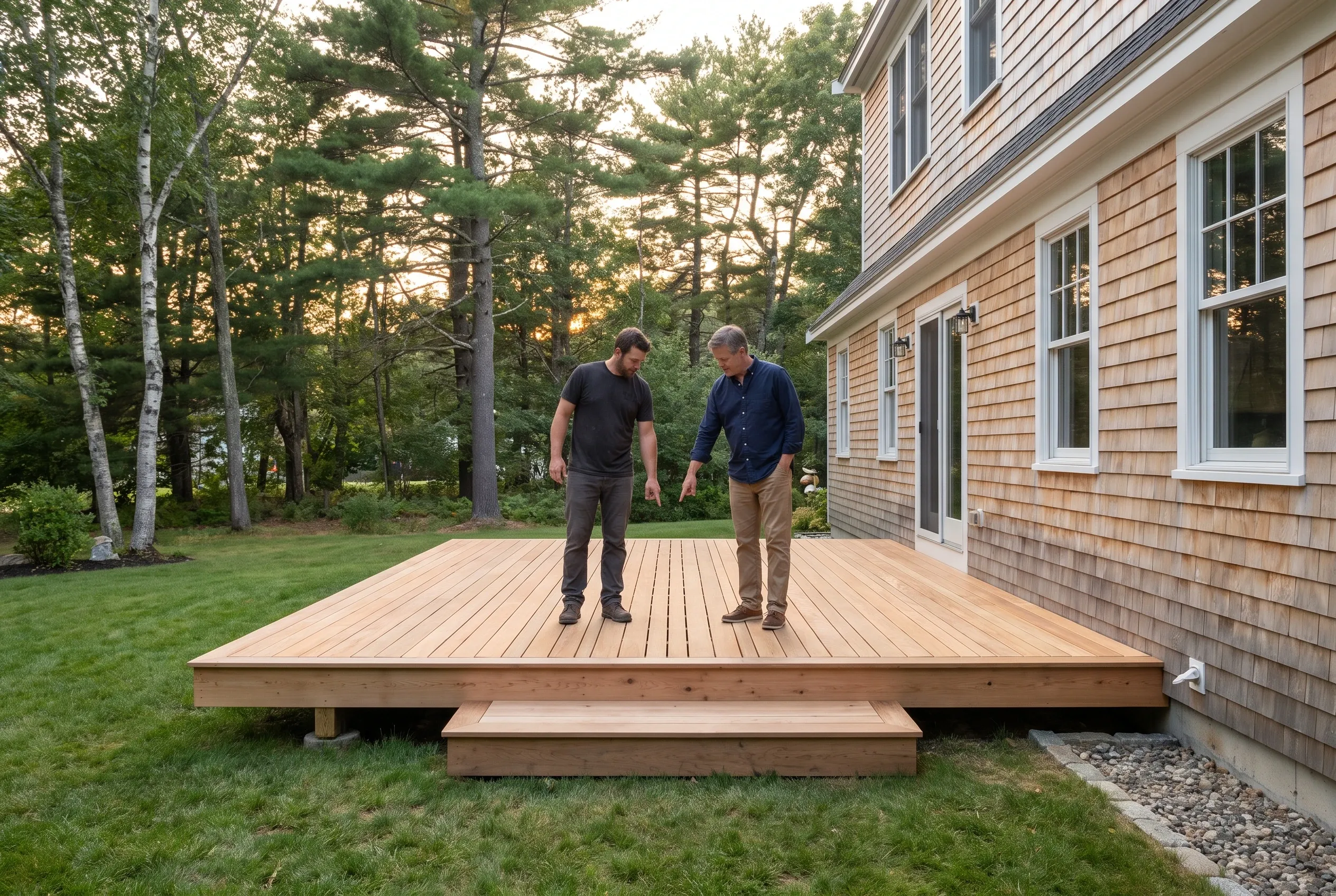 Two men standing on a newly built low wood deck with front step beside a cedar-shingled house, looking down at the boards