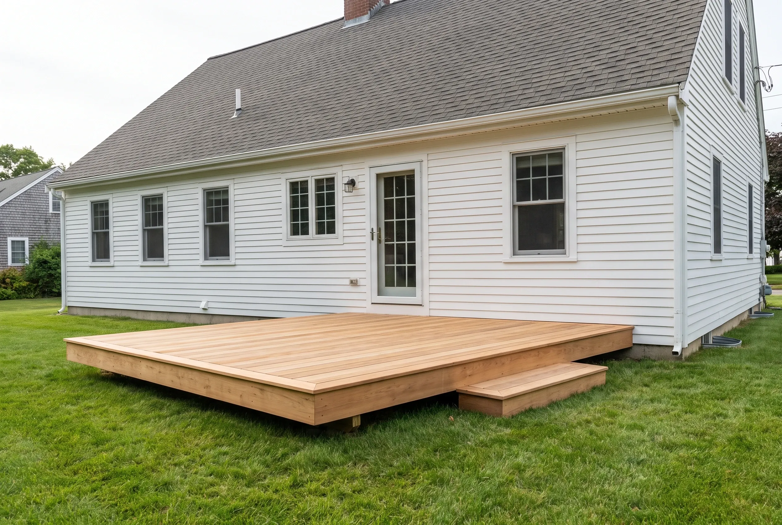 Low wood platform deck with one step sitting on a lawn behind a white clapboard house with a rear door.