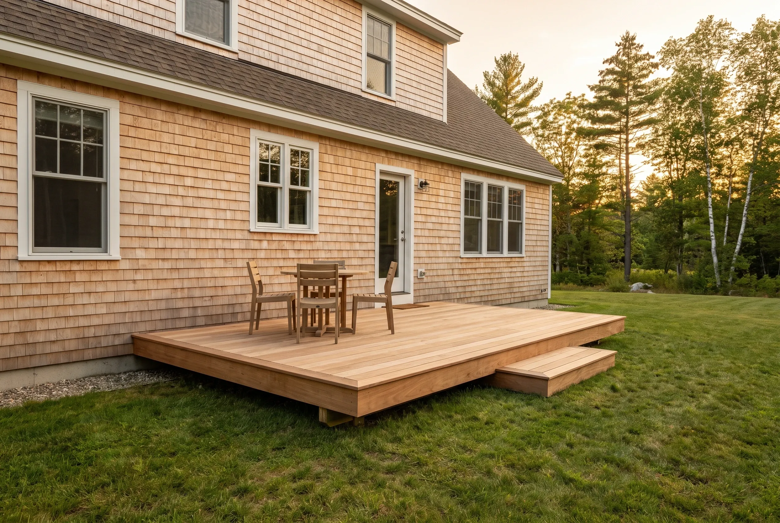 Low wood deck with a single step behind a cedar-shingle house, holding a small table and two chairs on lawn