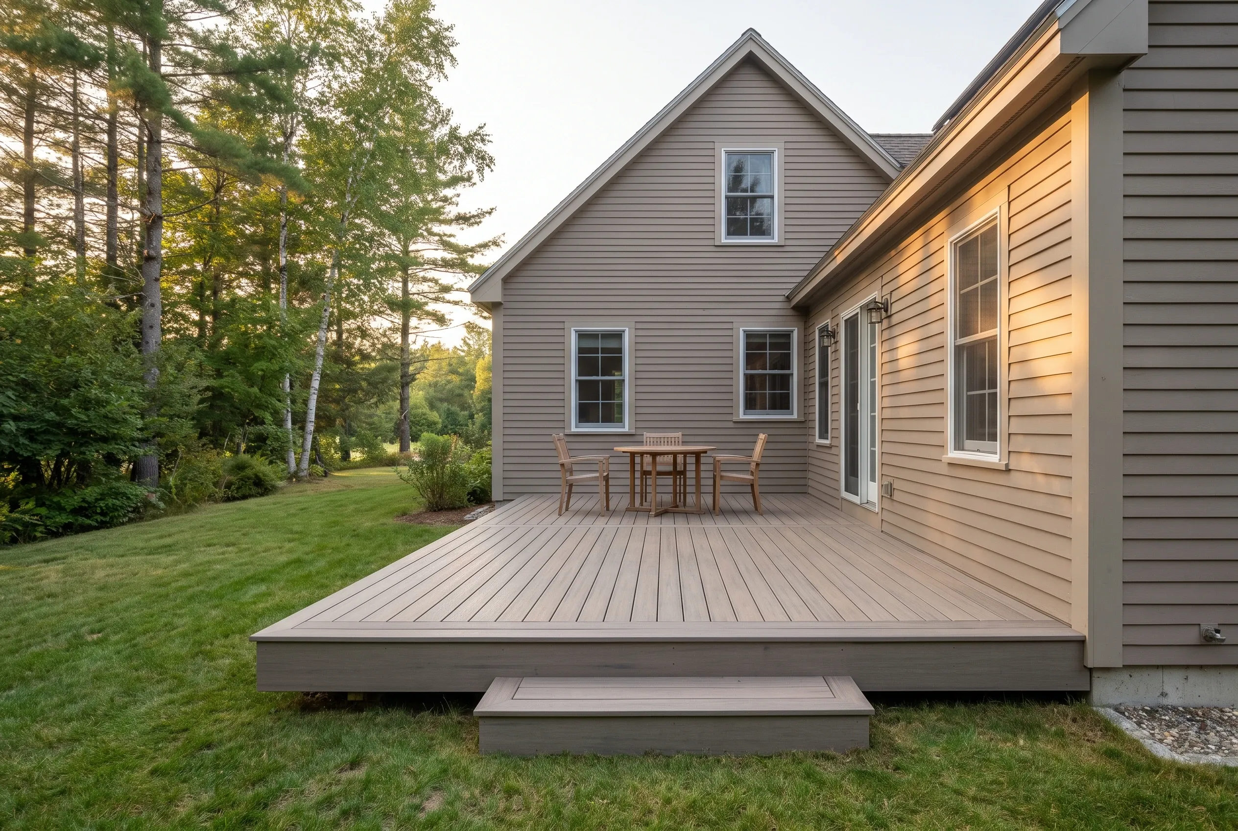 Deck builders in Harrison, ME: low gray deck wrapping an inside corner of a gray-sided house, with table, chairs, and a step