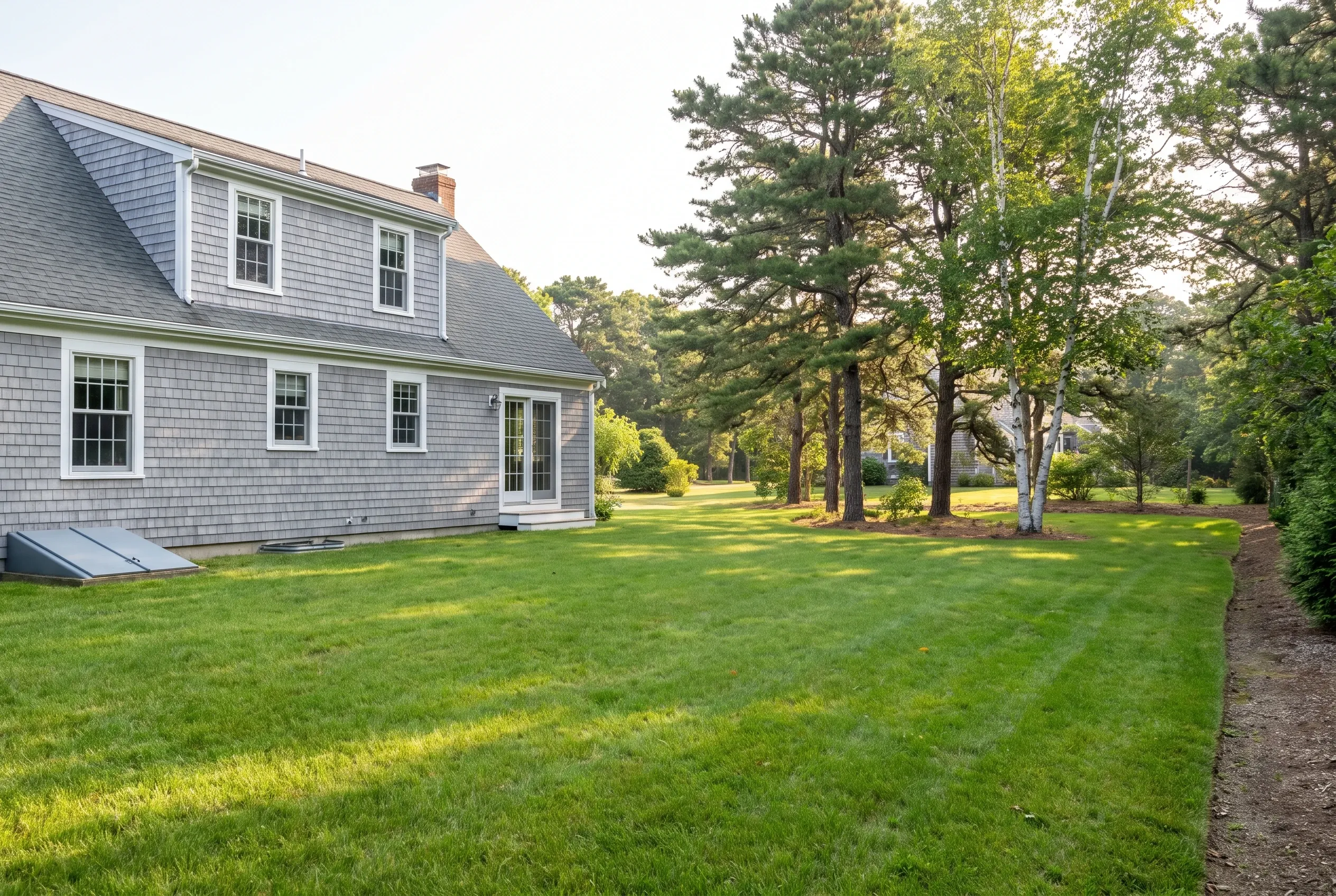 Gray shingled house with a large open lawn and tall pine and birch trees, showing an undeveloped backyard area