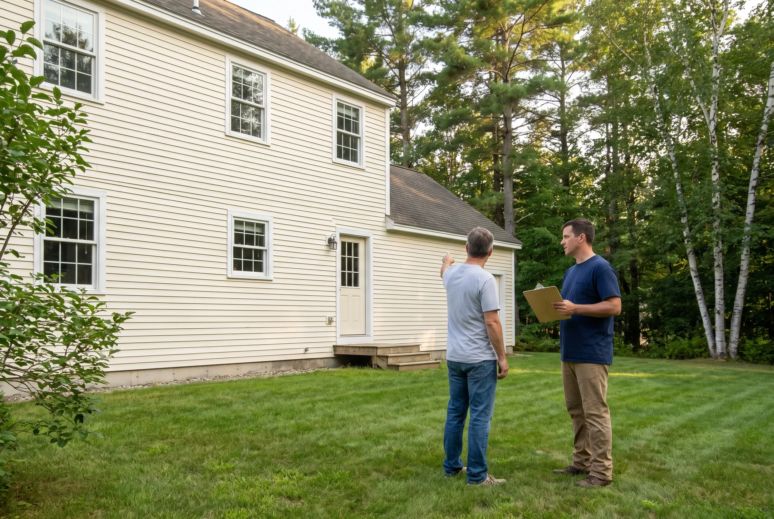 Two men standing in a backyard beside a cream clapboard house, one pointing toward the house while the other holds a clipboard