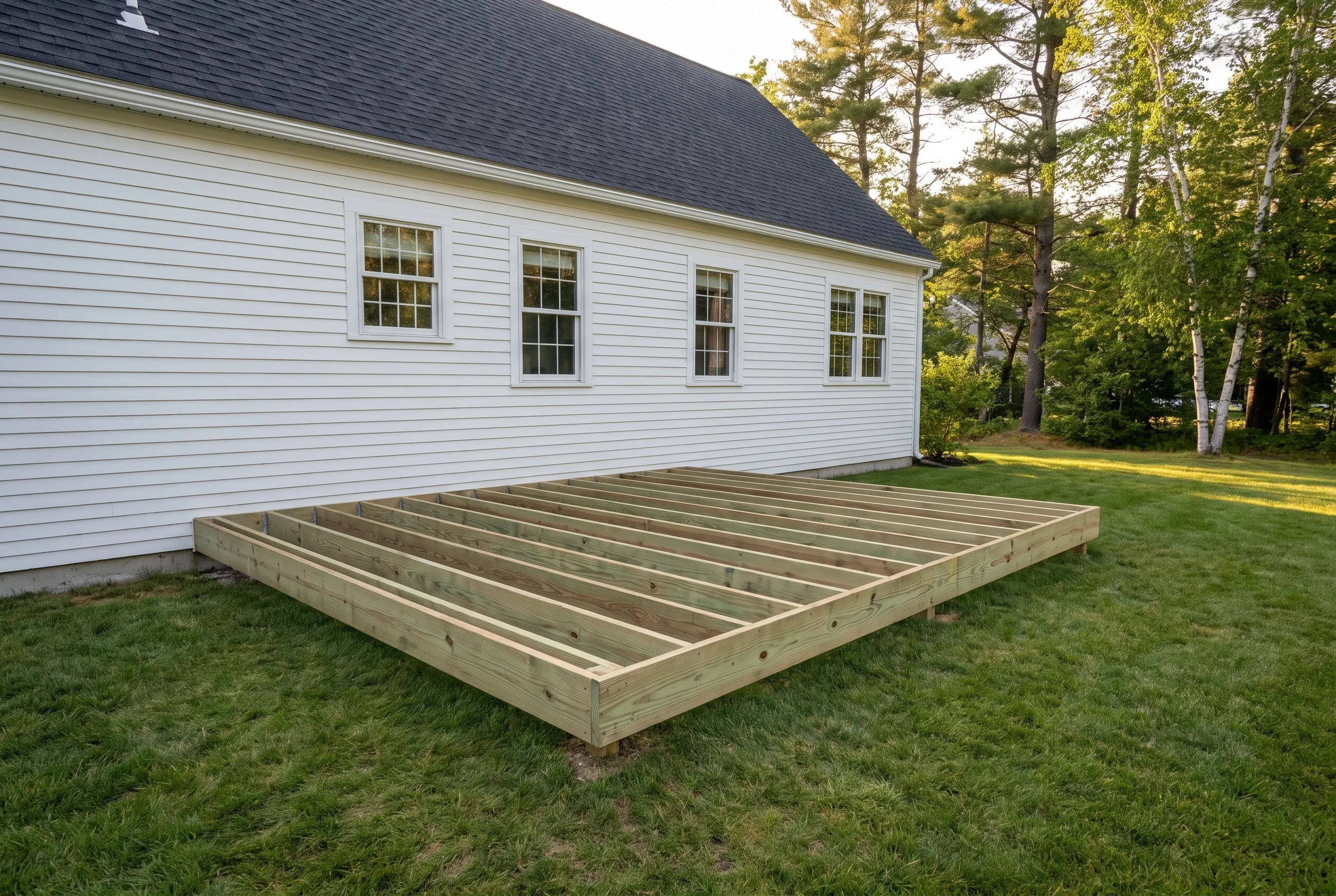 Undecked rectangular wood joist frame resting on grass beside a white-sided house, with no deck boards installed yet