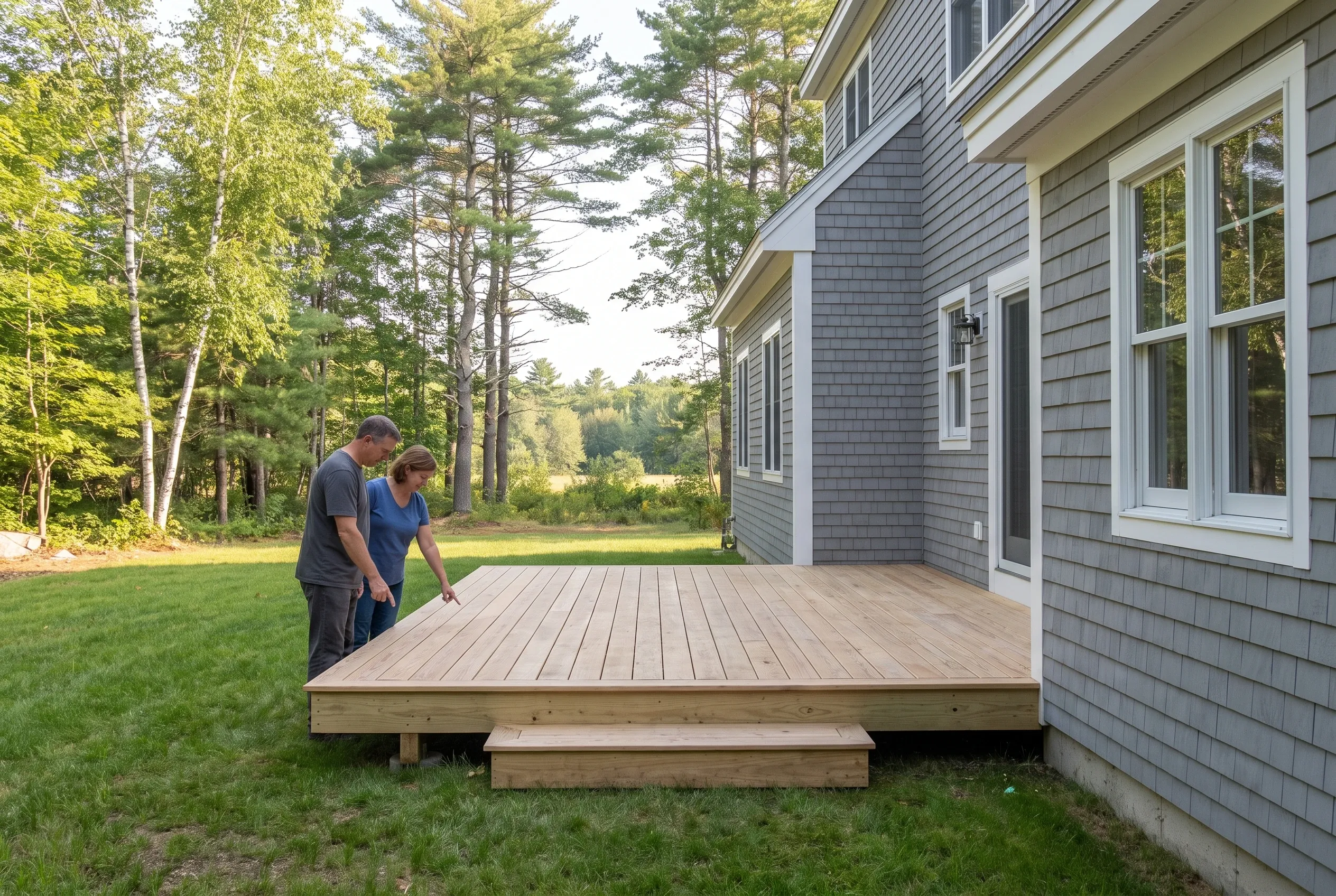 Two people examining a low wood deck with a step beside a gray shingled house, one gesturing toward the boards