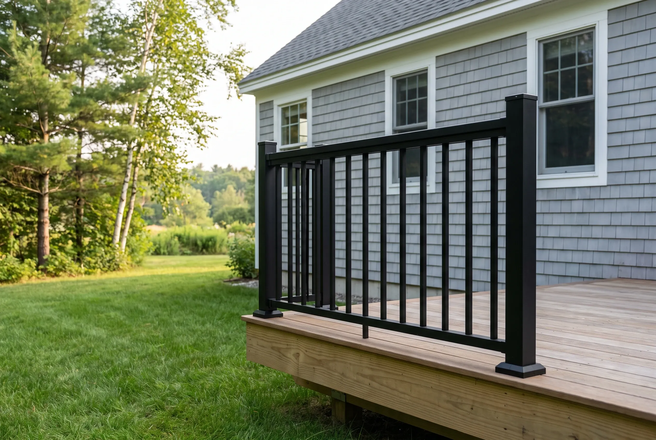 Close view of a black metal railing section with square posts on a wood deck edge beside a gray shingled house