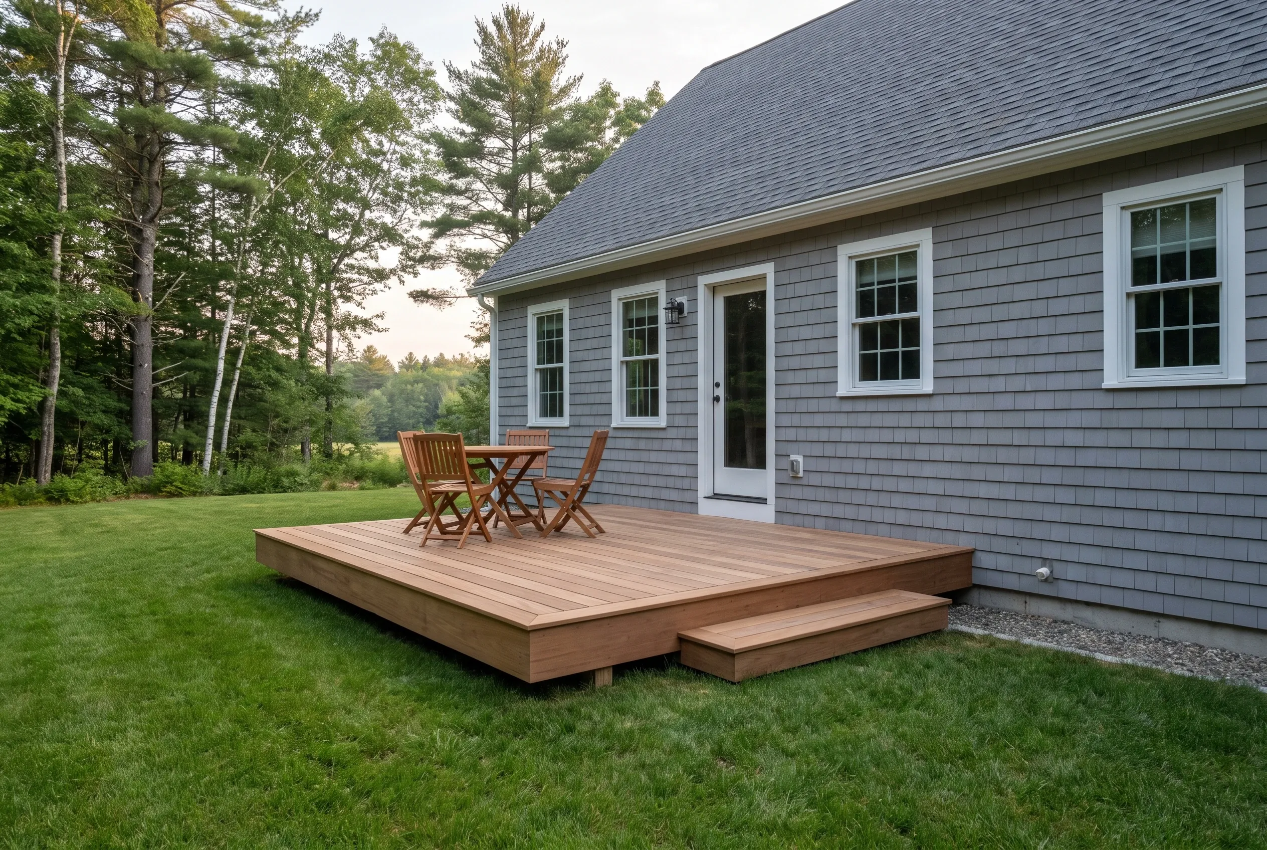 Low brown deck with a step, small table and two folding chairs beside a gray shingled house with a rear door