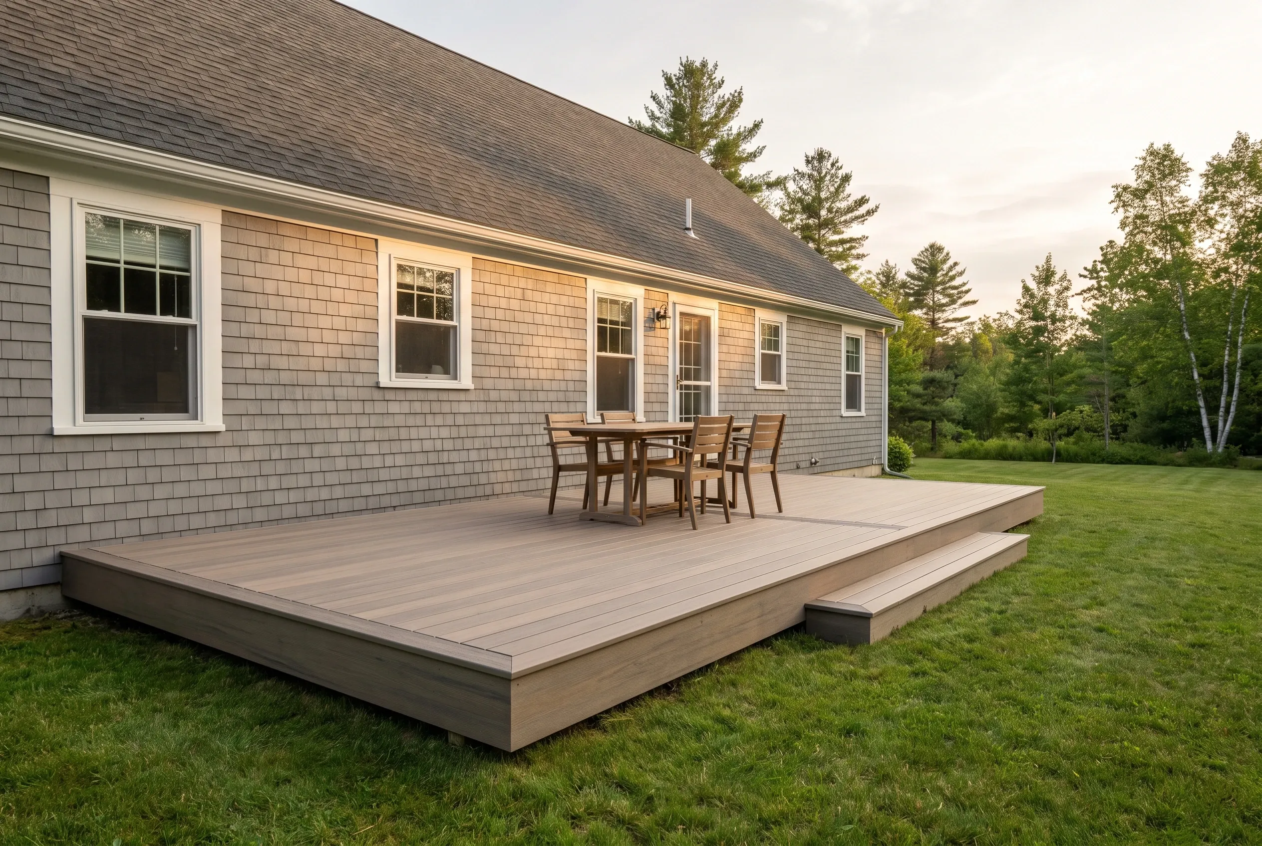 Deck builders in Hollis, ME: low tan deck with a step, dining table and chairs behind a gray shingled house