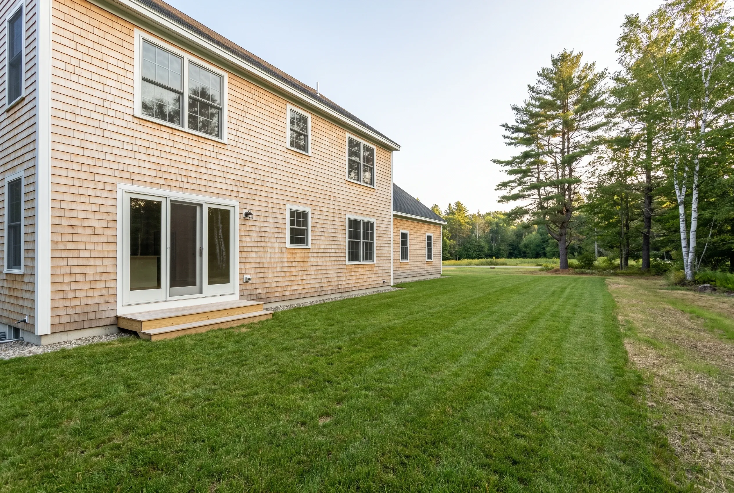 Rear of a two-story cedar-shingled house with a sliding door, small step landing, and a wide mowed lawn