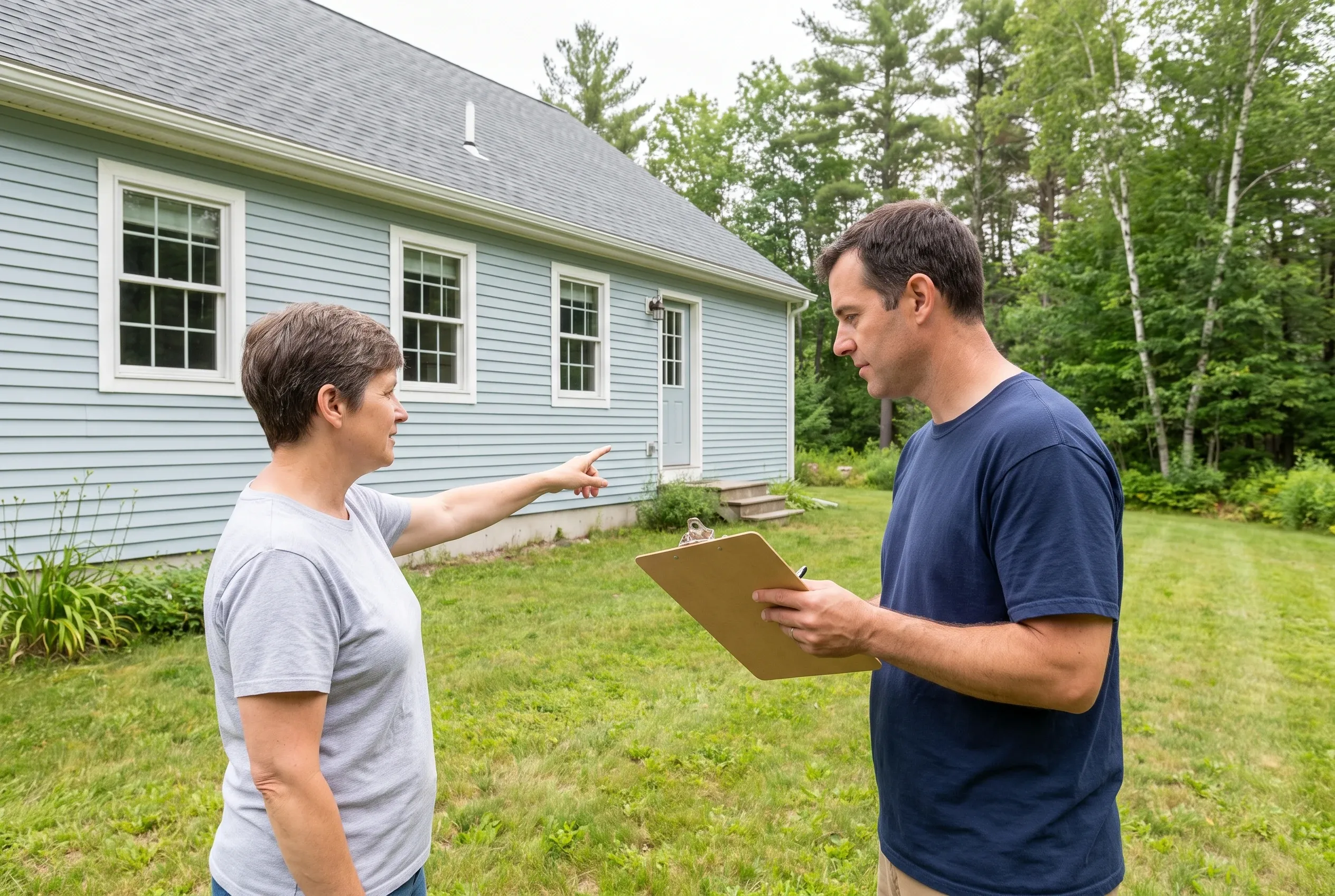 Woman pointing across a backyard lawn while a man holding a clipboard listens, beside a light blue house with white trim