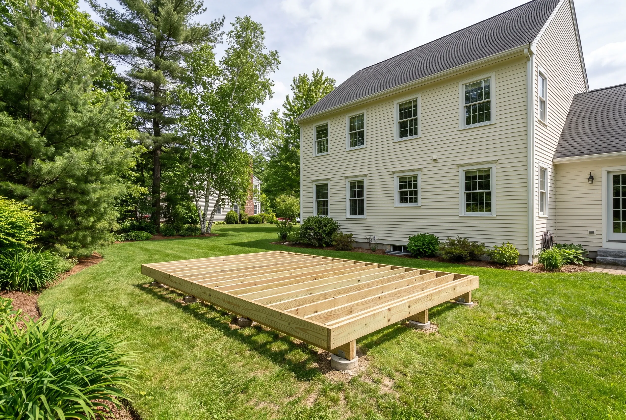 Undecked wood deck framing with joists and perimeter boards set on footings in a grassy backyard beside a two-story cream house