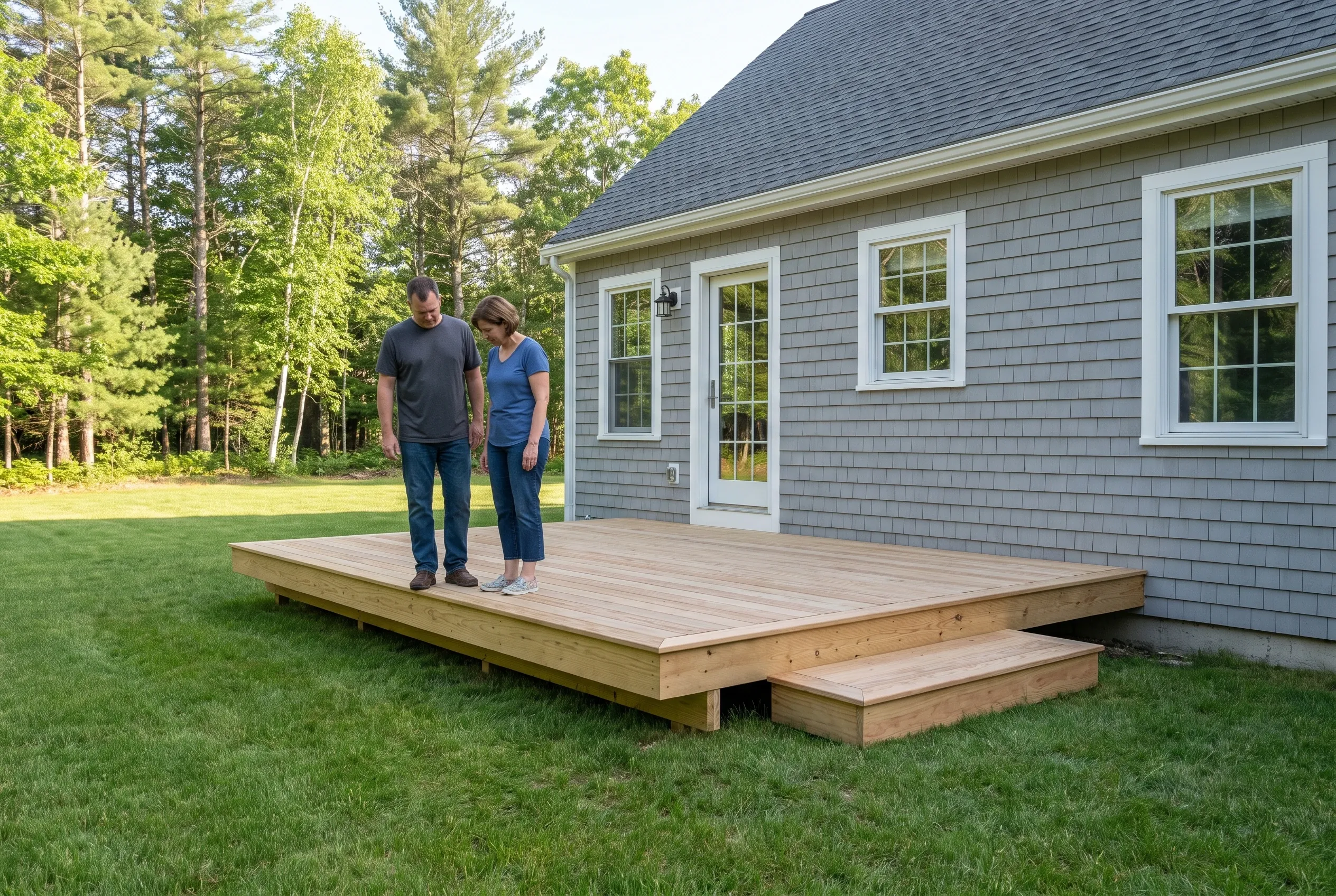 Two people standing on a finished low wood deck with a single step, looking down at the boards beside a gray shingled house