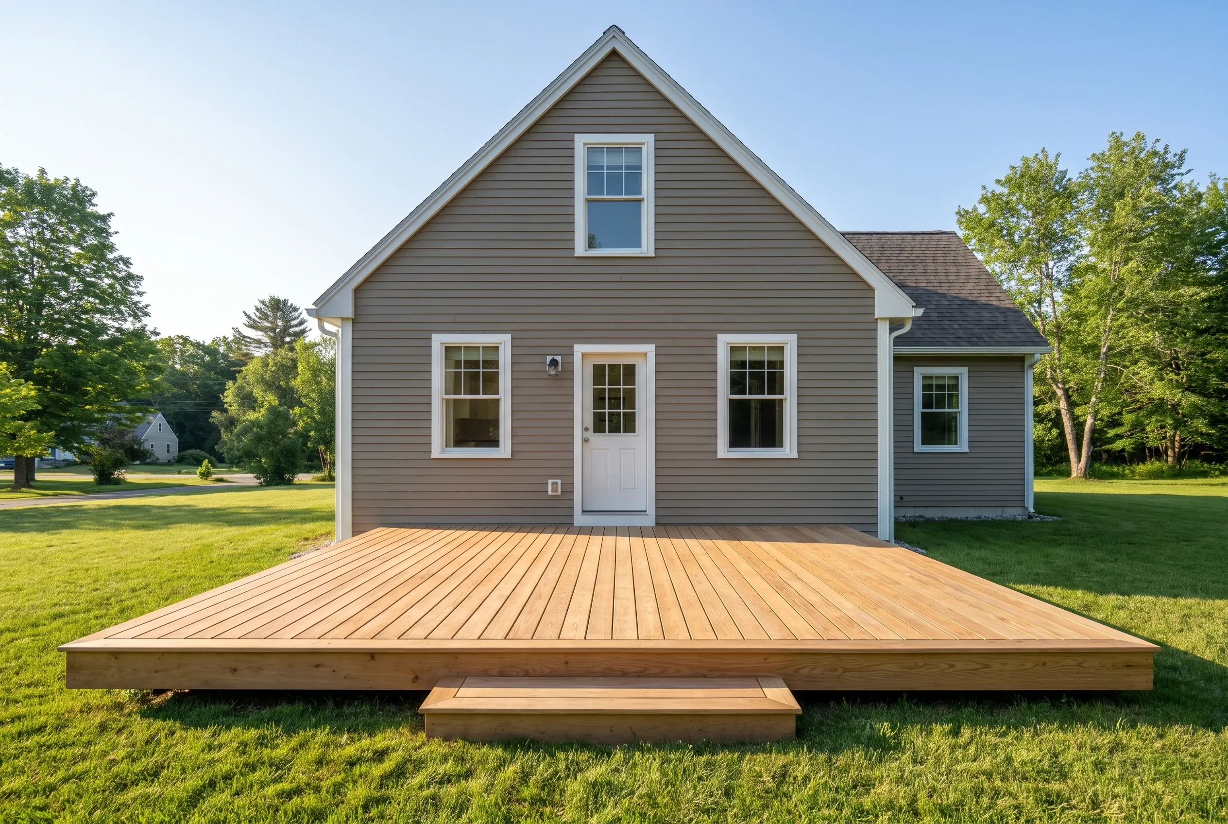 Wide low wood deck with a centered step across the back of a gray two-story house on a lawn