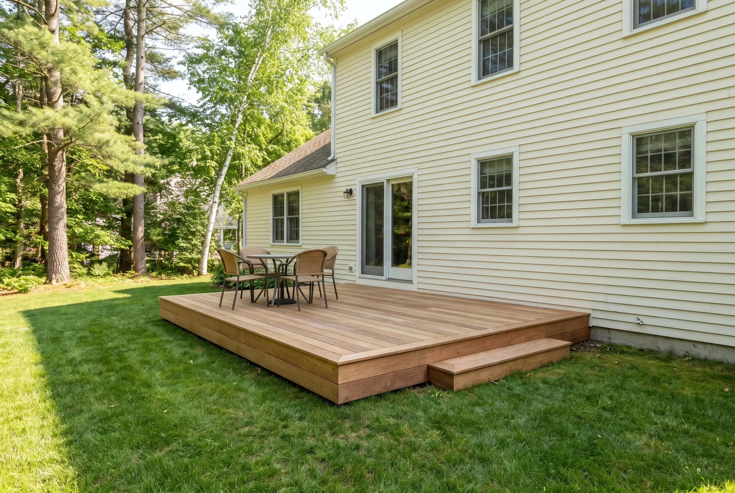 Low wood deck with a step and an outdoor table with chairs beside a two-story cream clapboard house with sliding doors
