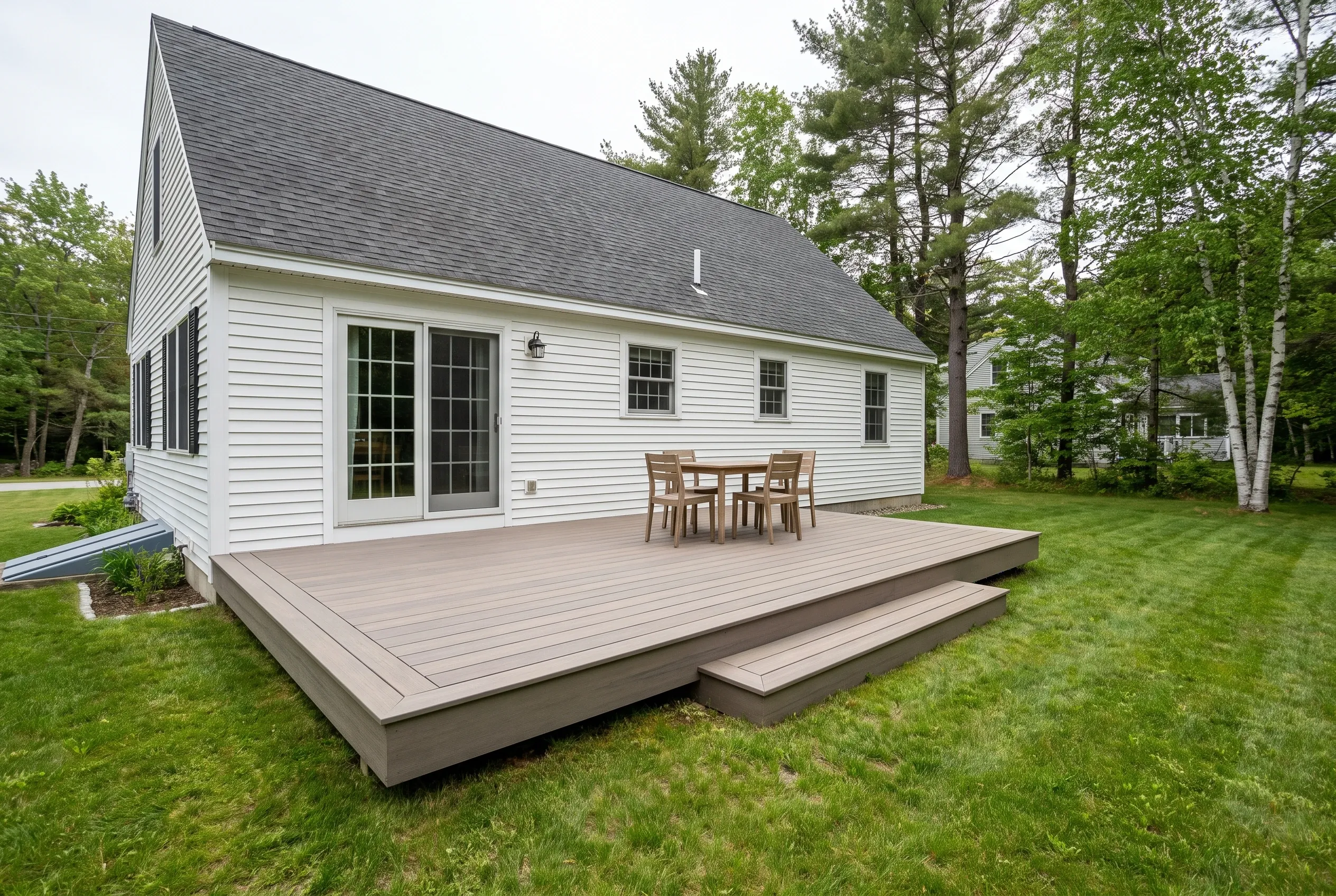 Deck builders in Kennebunk, ME: low gray-brown deck with a wide step and outdoor dining set behind a white house with sliding doors