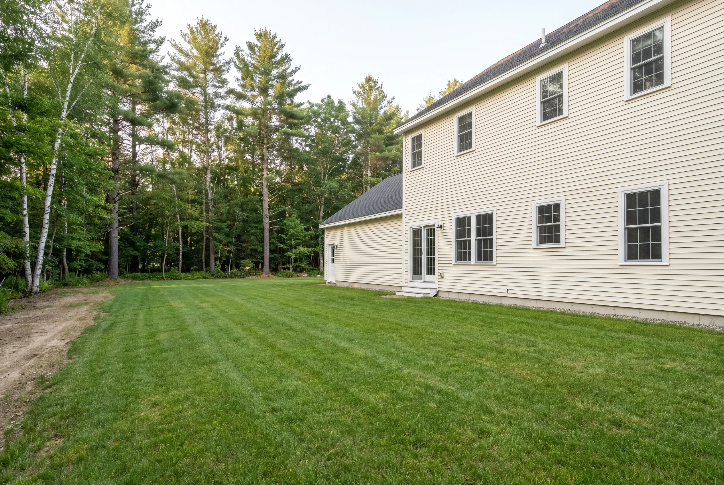 Open mowed backyard behind a two-story cream clapboard house with a bare soil strip at left and tall trees beyond