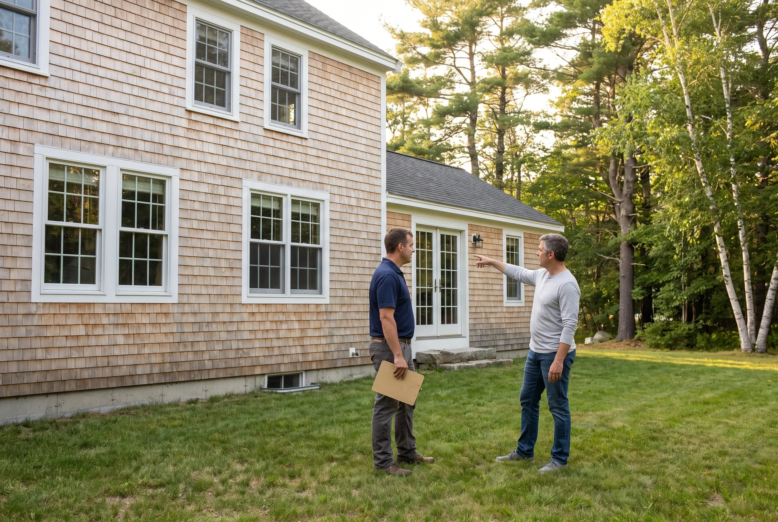 Two men talking in a backyard, one holding a clipboard while the other points toward a cedar shingled house with French doors