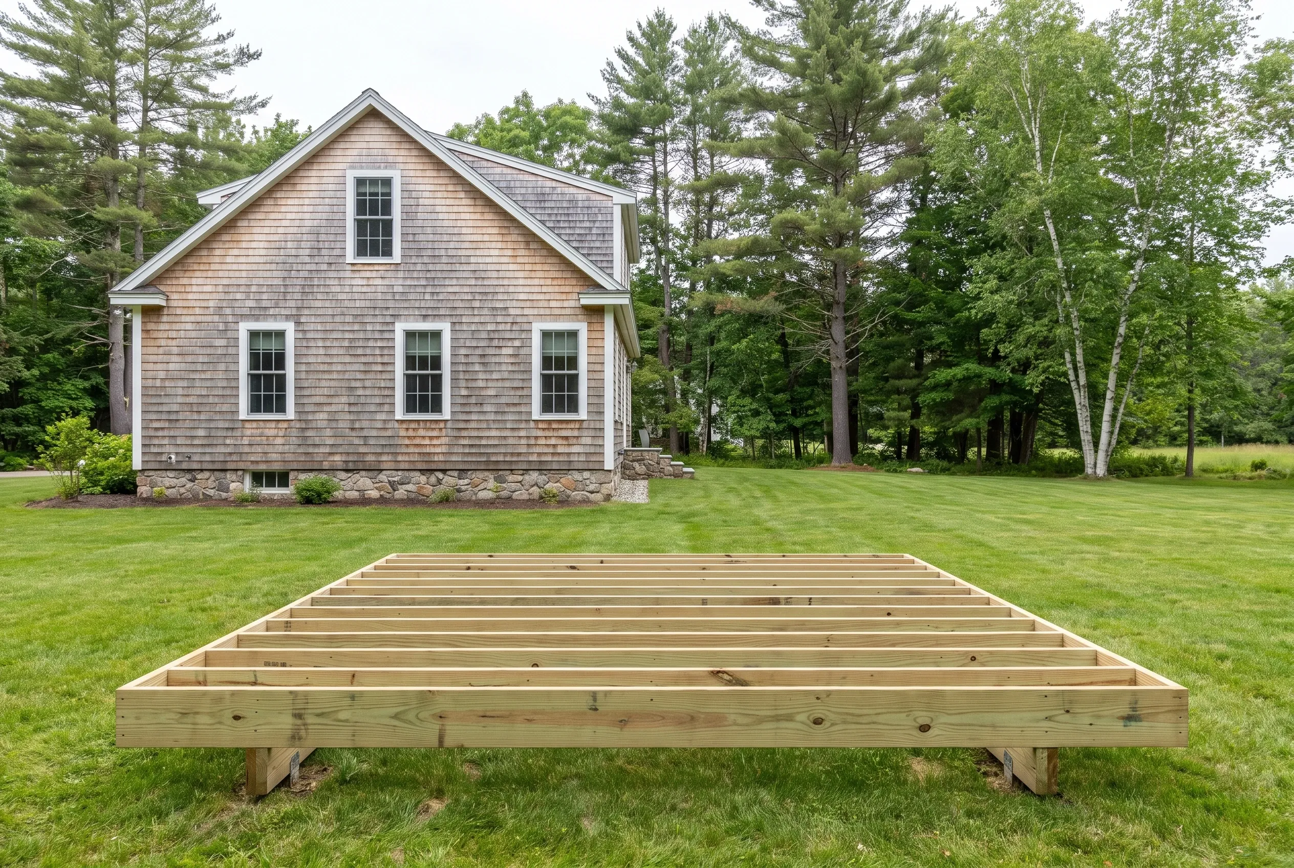 Undecked rectangular wood frame with evenly spaced joists resting on blocks in an open lawn in front of a shingled cape house