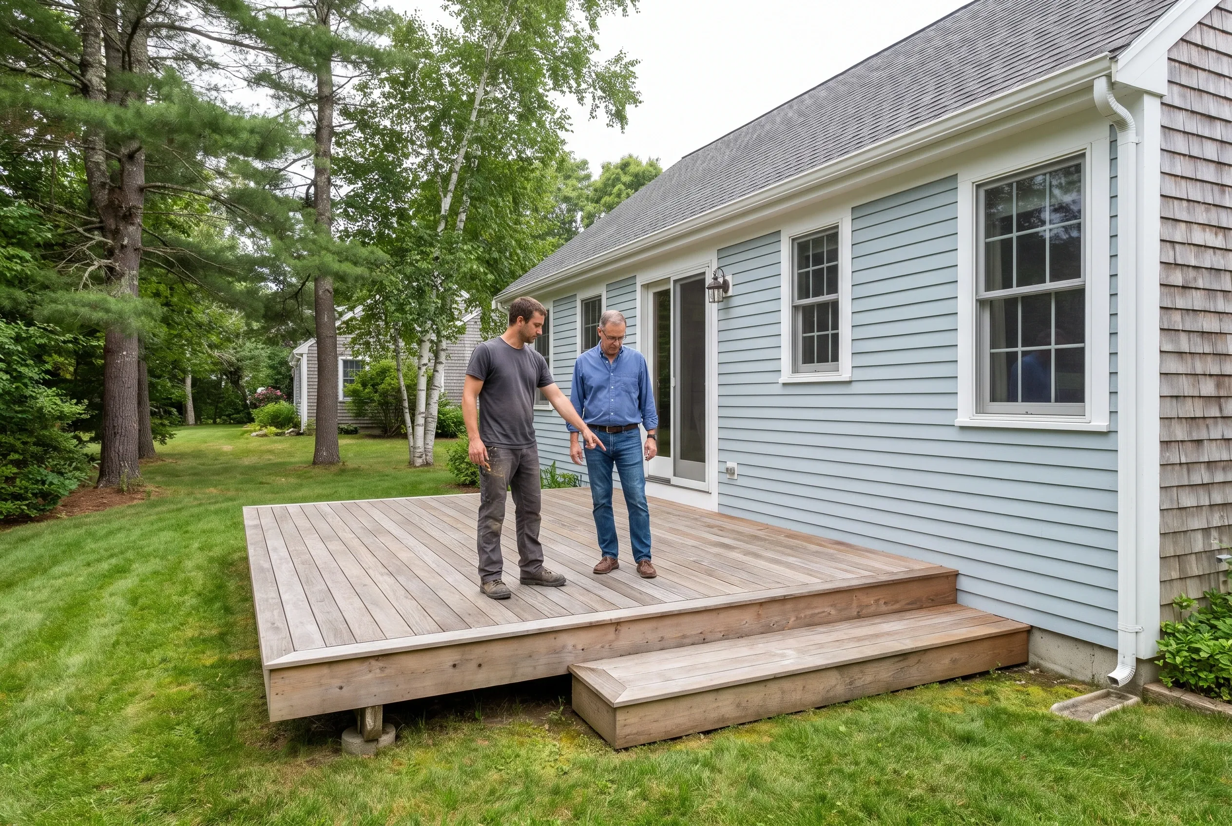 Two men stand on a finished low wood deck with a wide step beside a light blue house with lawn and trees