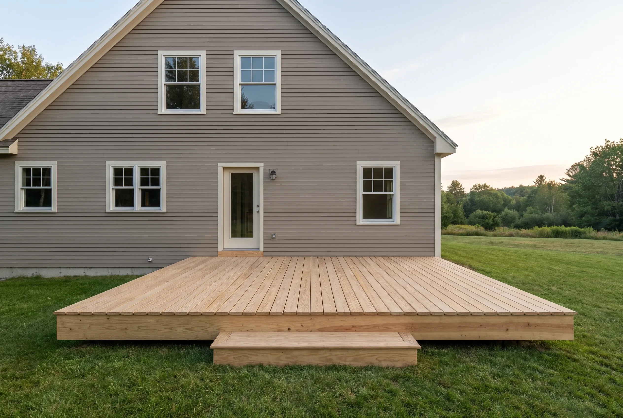 Low wood platform deck with a centered step behind a gray gabled house beside a grassy field