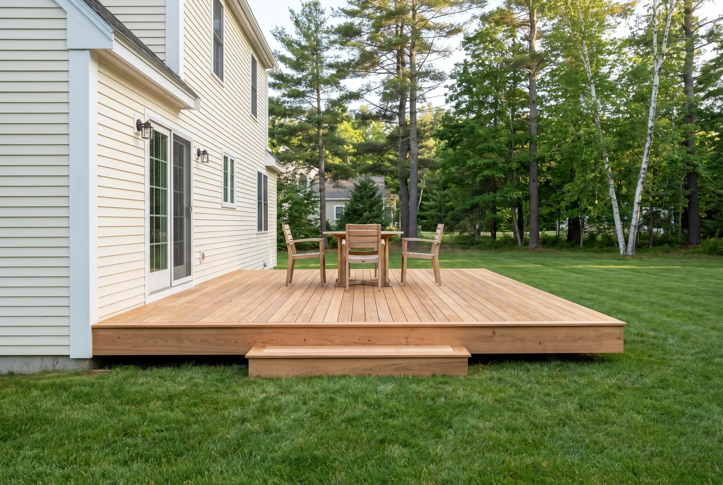 Low wood deck with a single step, a table and four chairs beside a cream-sided house with sliding doors and trees