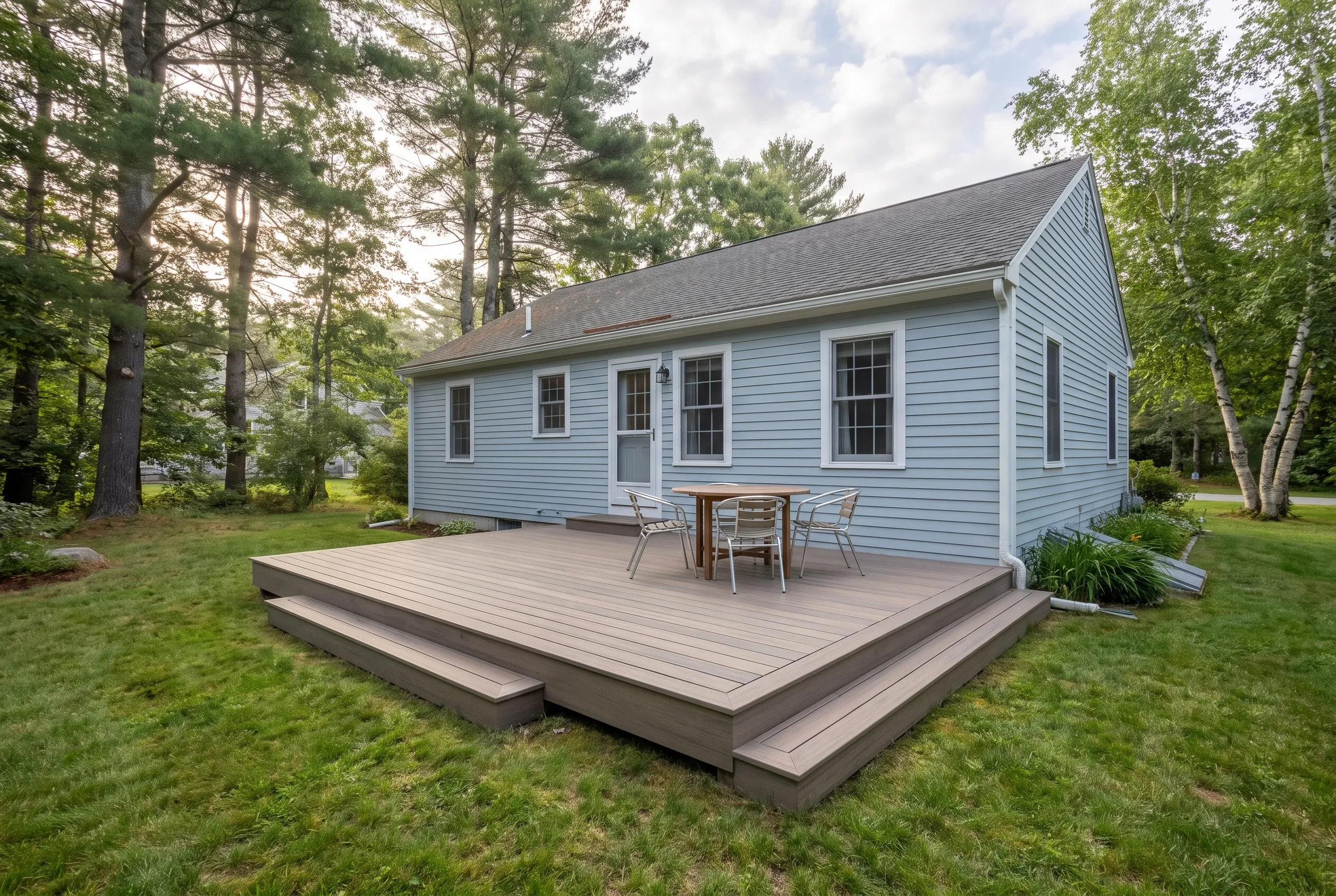 Deck builders in Kennebunkport, ME: low gray-brown deck with steps on two sides, a table and chairs, behind a light blue house