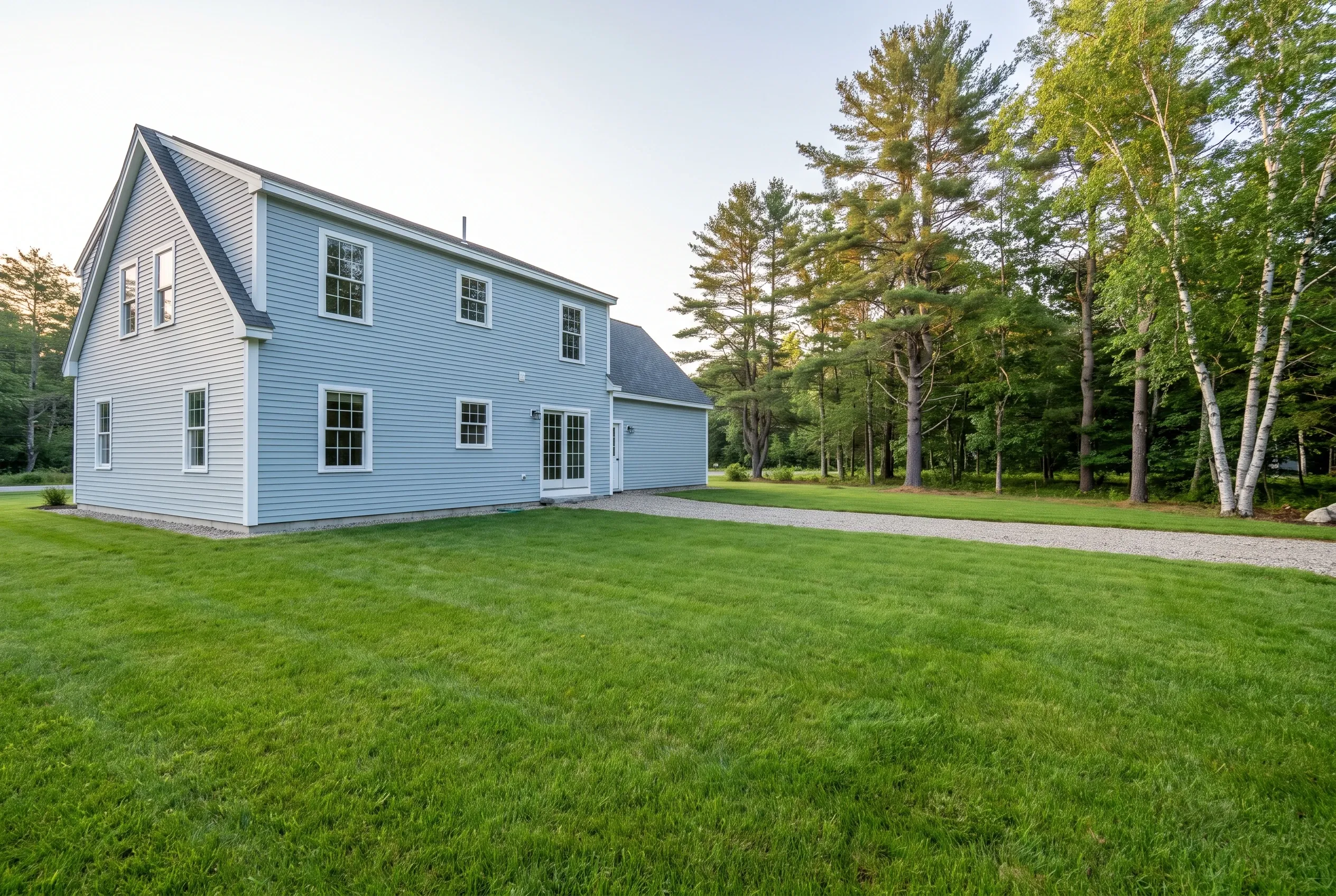 Light blue two-story house with an open grassy backyard, gravel driveway and surrounding pine and birch trees, with no deck present