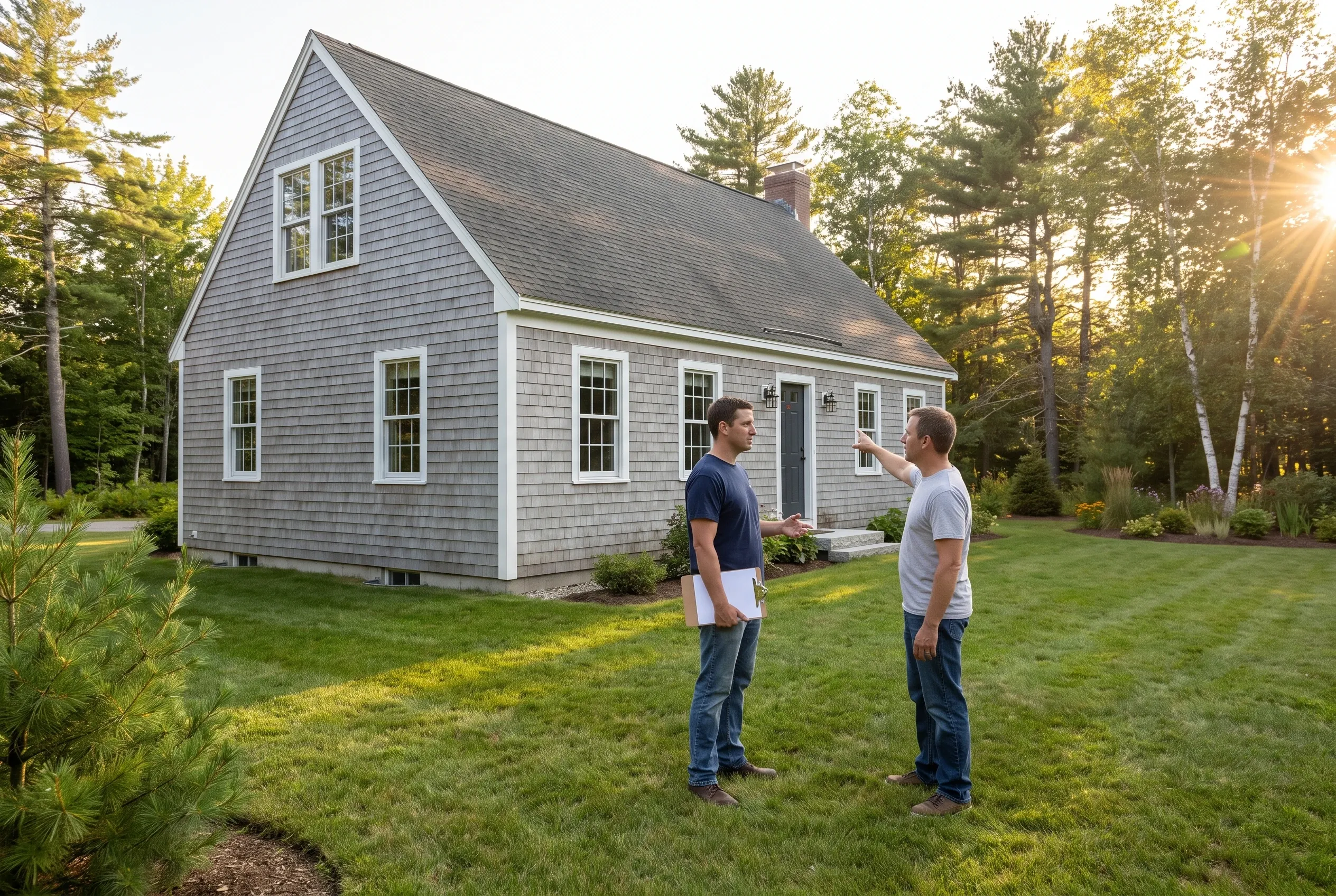 Two men talk in a backyard near a gray shingled cape house, one holding papers while the other points toward the house