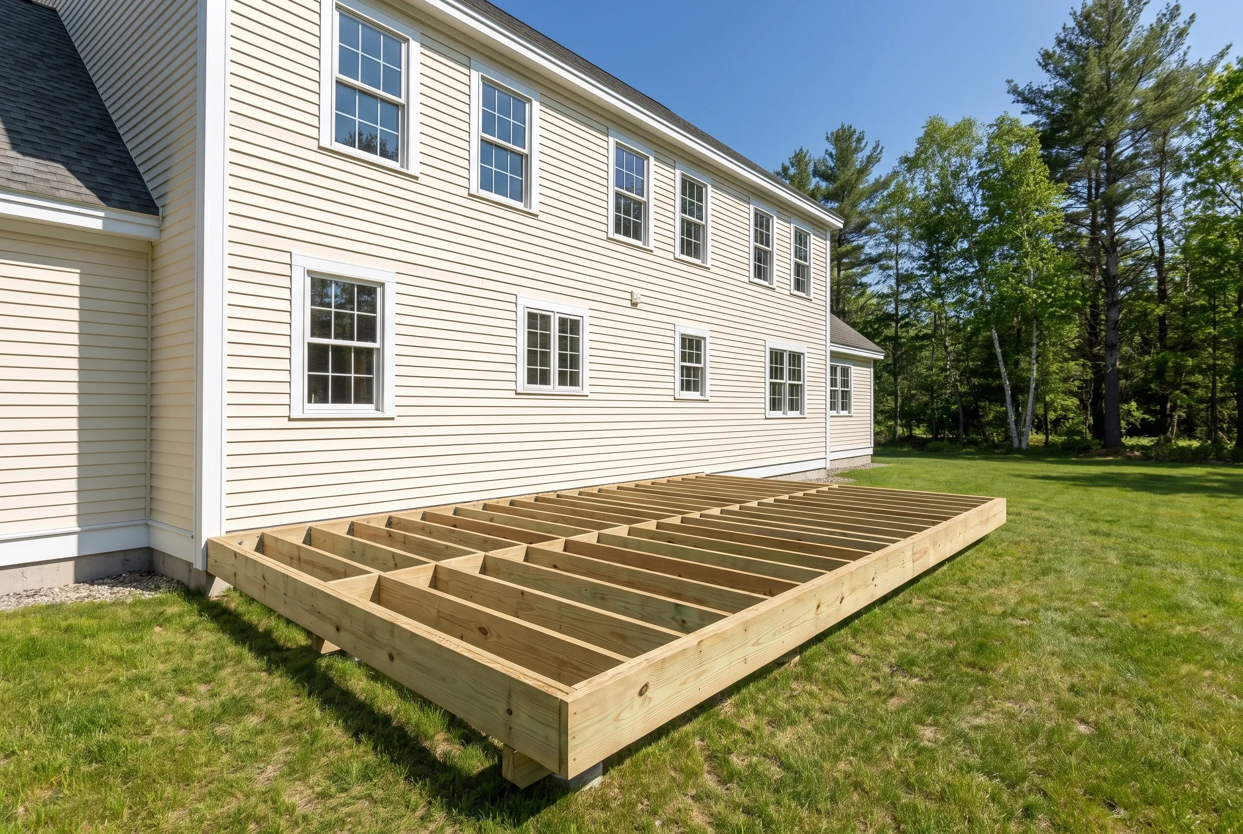 Undecked wood framing with exposed joists set on the lawn beside a cream-sided two-story house under clear sky