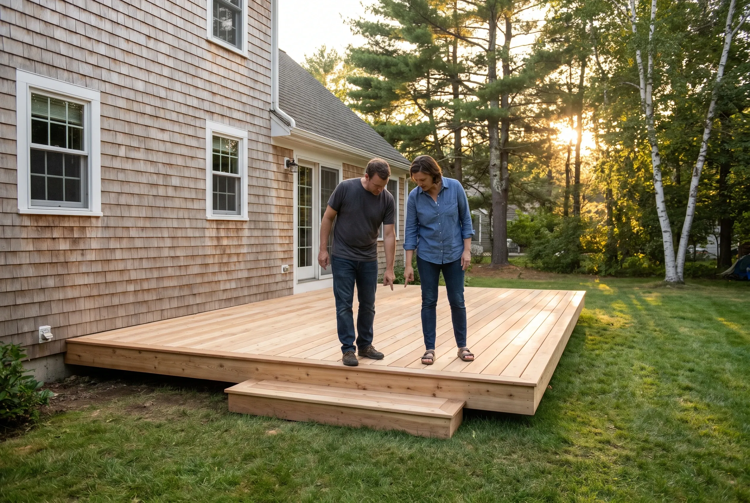 Two people stand on a finished low wood deck looking down at the boards, beside a shingled house with a step