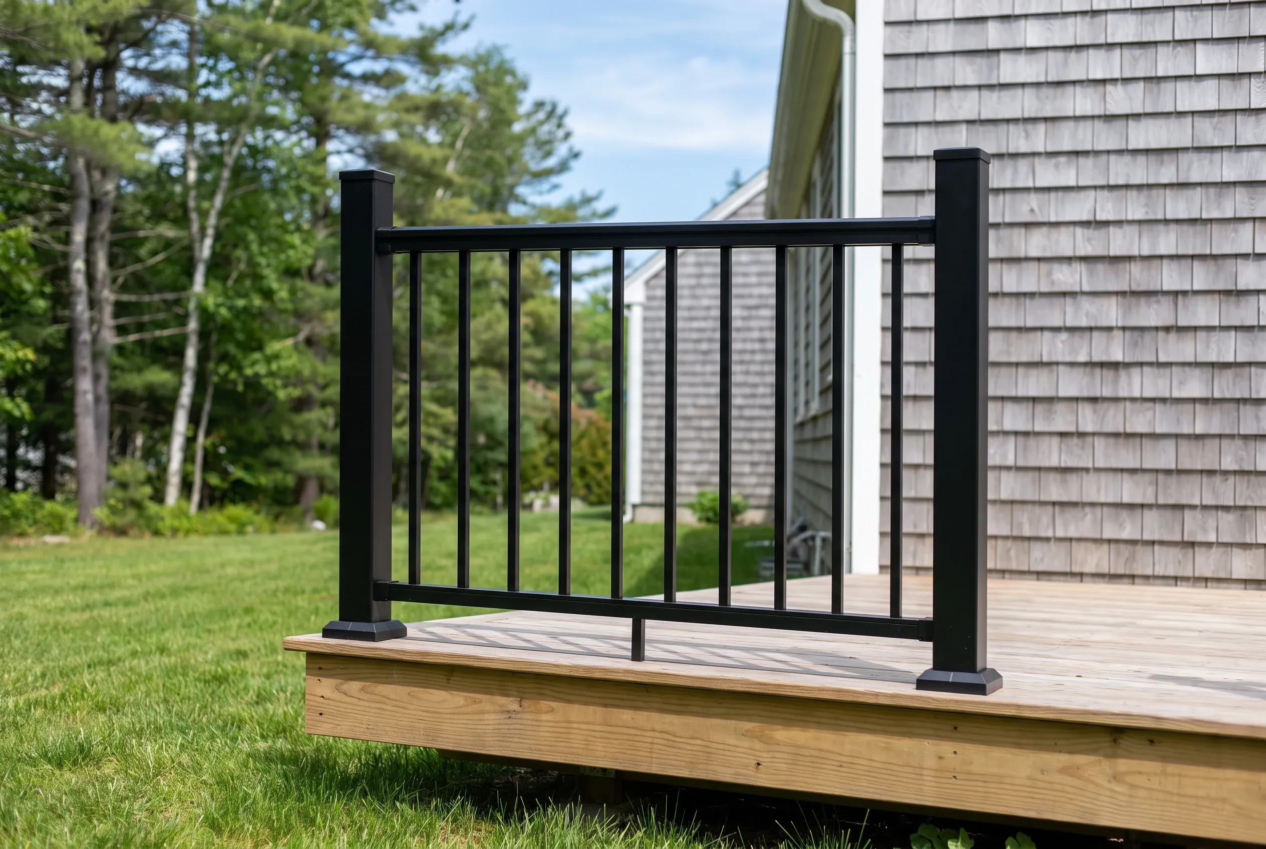 Close view of a black metal baluster railing section mounted along the edge of a low deck beside a shingled house