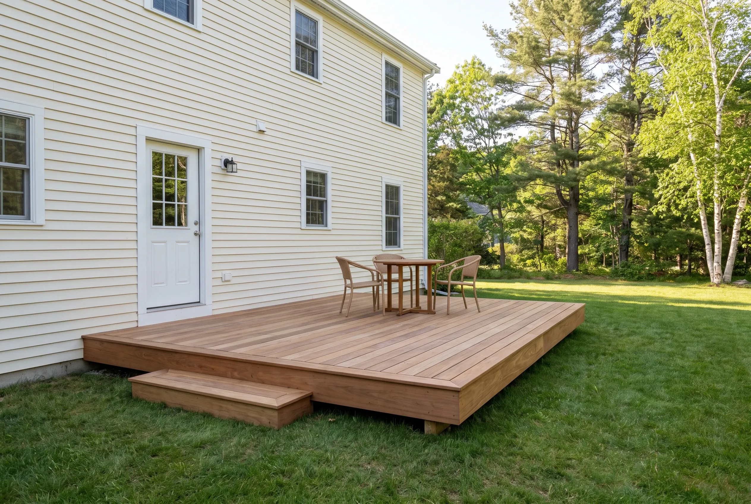 Low wood-tone deck with a box step, round table and chairs, beside a white clapboard house and lawn