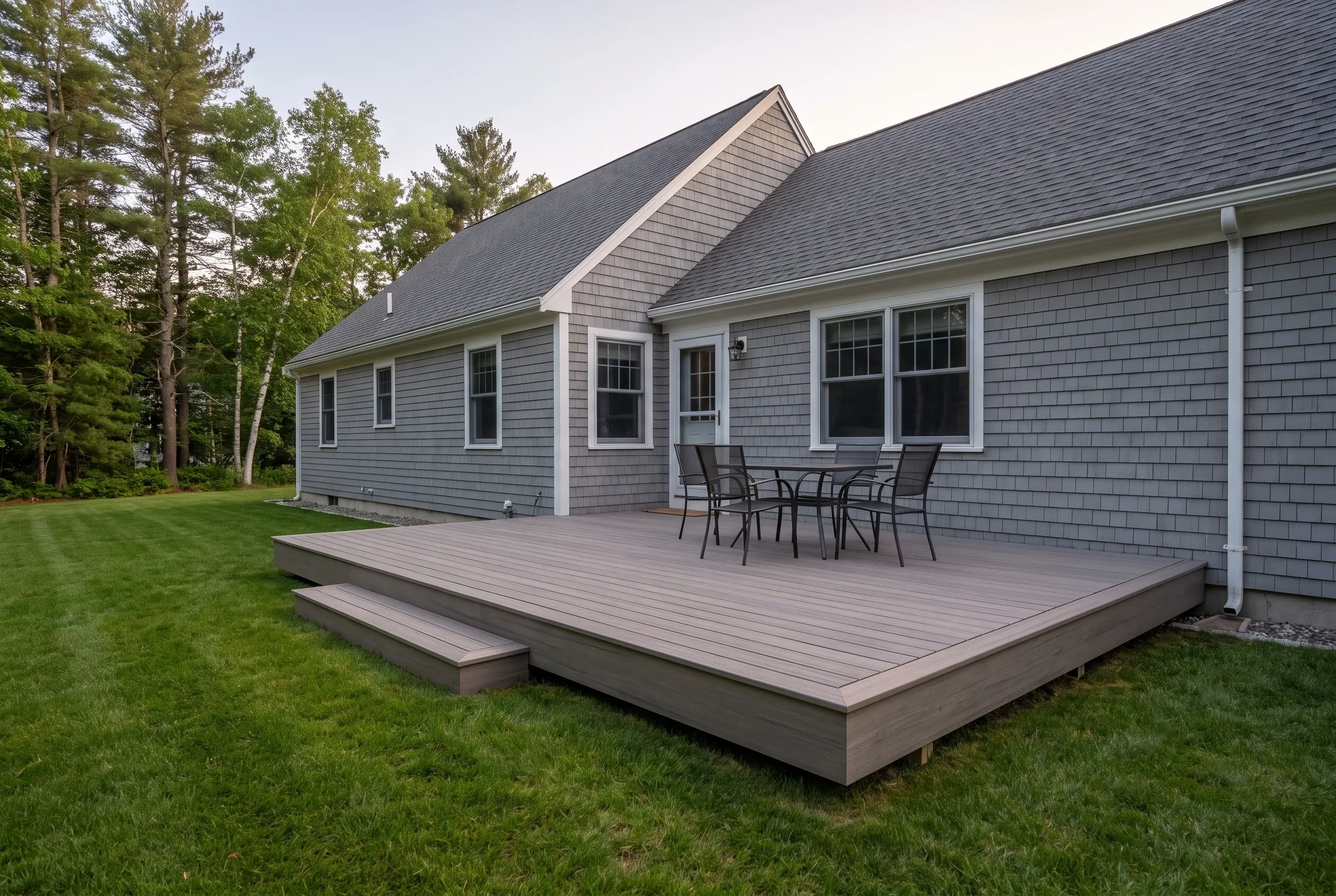 Deck builders in Kittery, ME: low gray-board deck with box step and dining set behind a gray shingled house