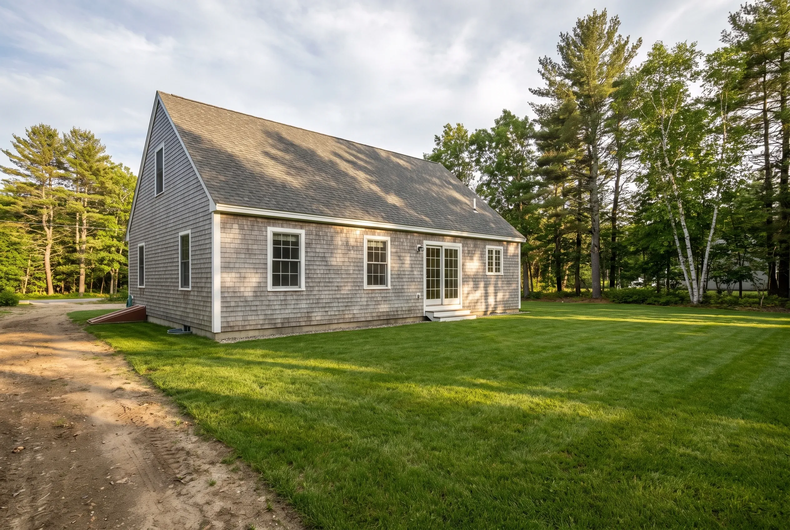 Gray shingled cape-style house with an open lawn and a dirt track alongside, with no deck present
