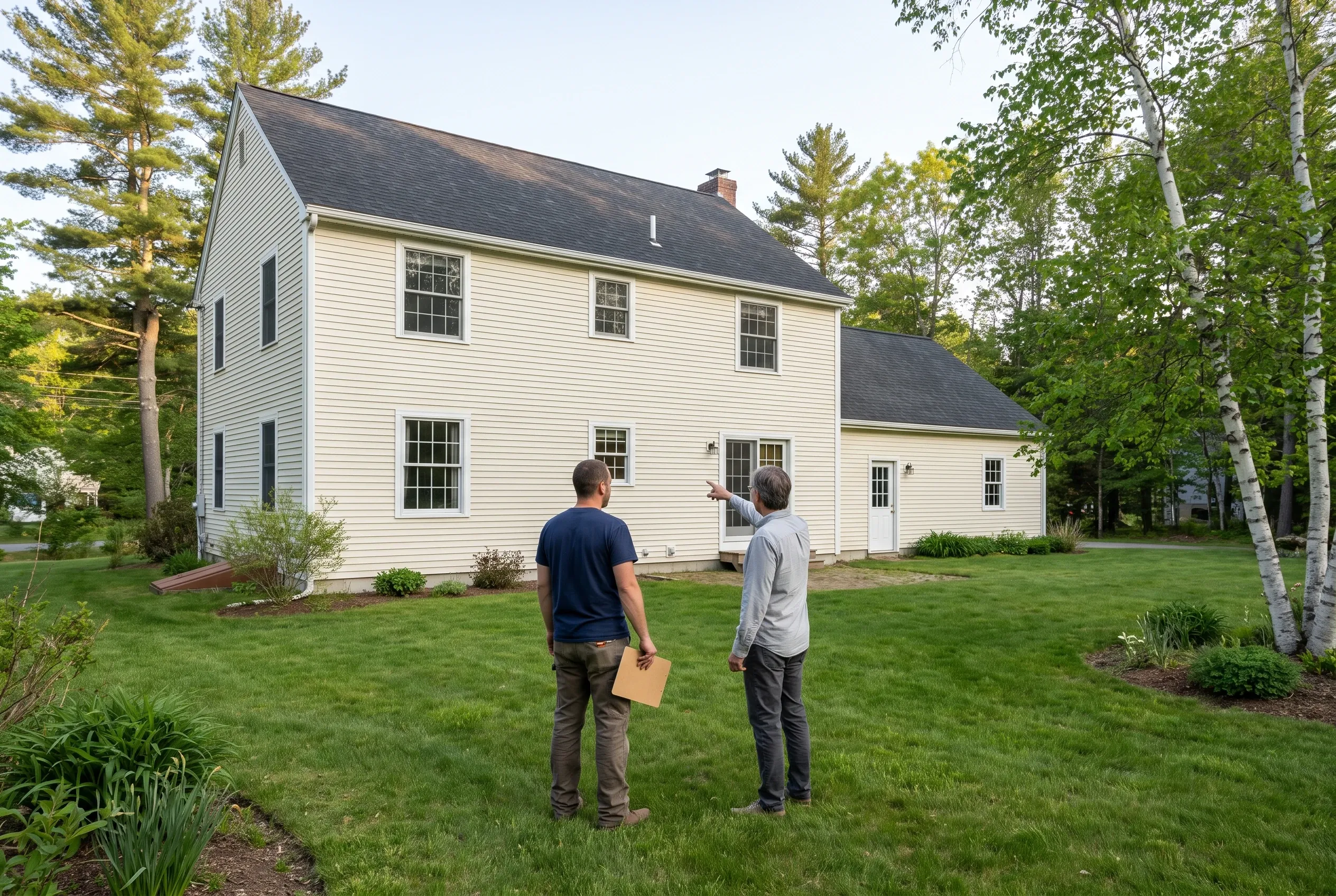 Two men standing on a lawn behind a two-story white house, one pointing toward the house, one holding a clipboard