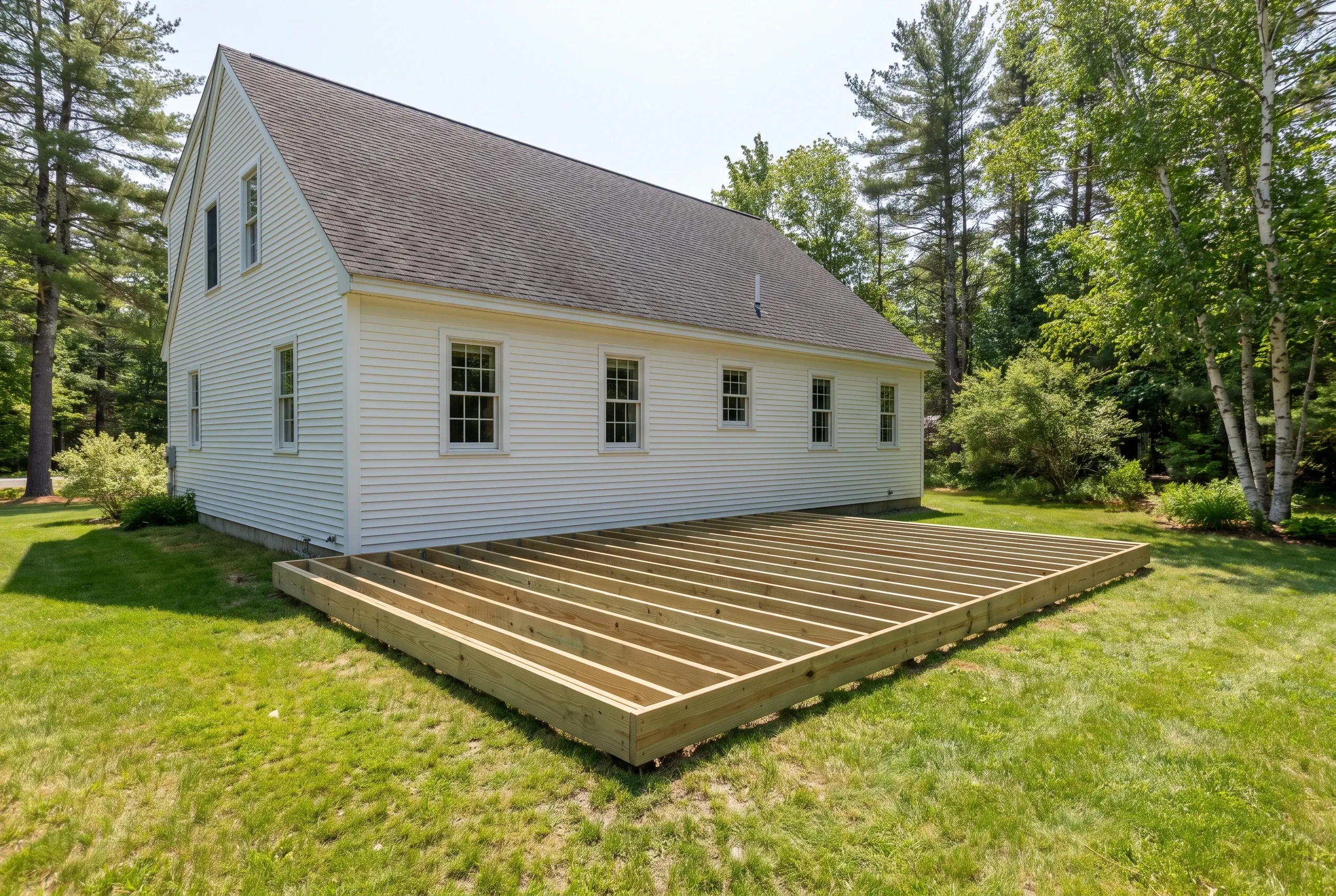 Undecked wood joist framing for a low deck sitting on lawn beside a white clapboard house