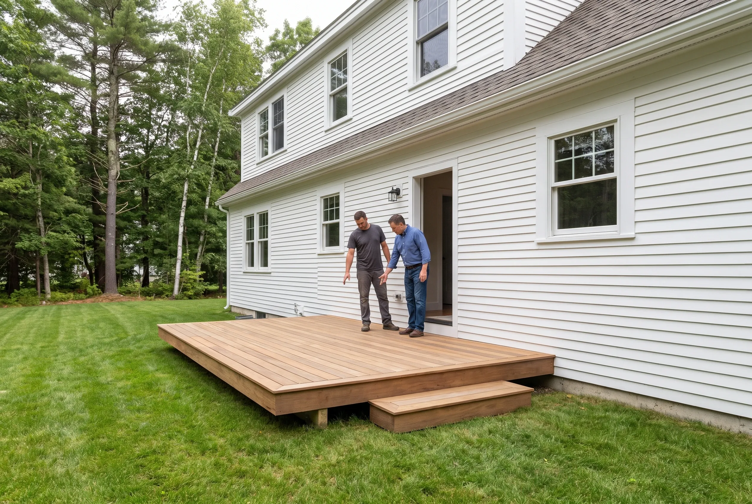 Two men standing on a finished low wood-tone deck with a box step outside a door of a white house