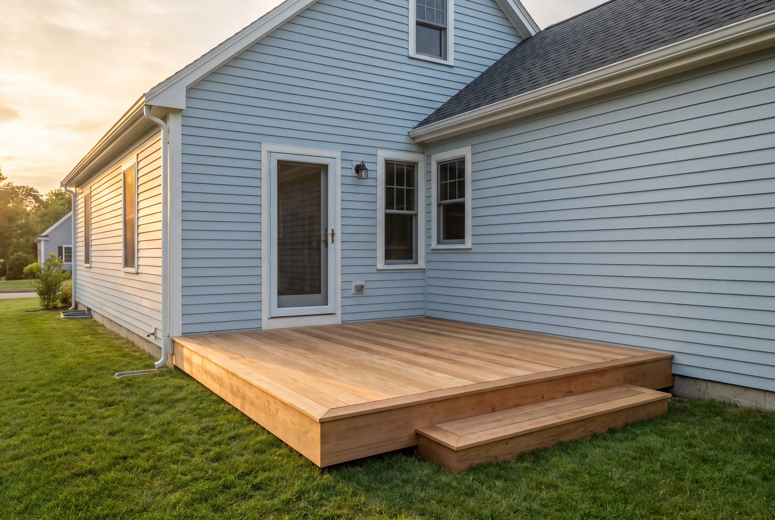 Low wood deck with a wide single step set into the corner of a light blue clapboard house at sunset.
