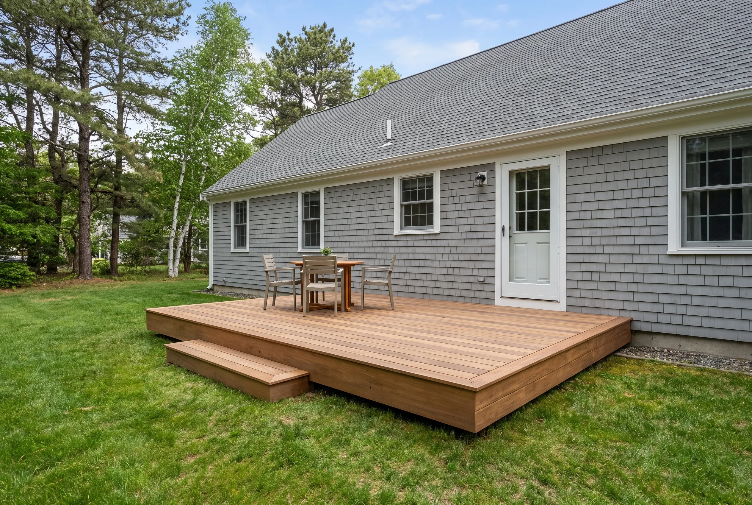 Low brown-board deck with one step, a table and chairs, attached to a gray shingled single-story house on a lawn