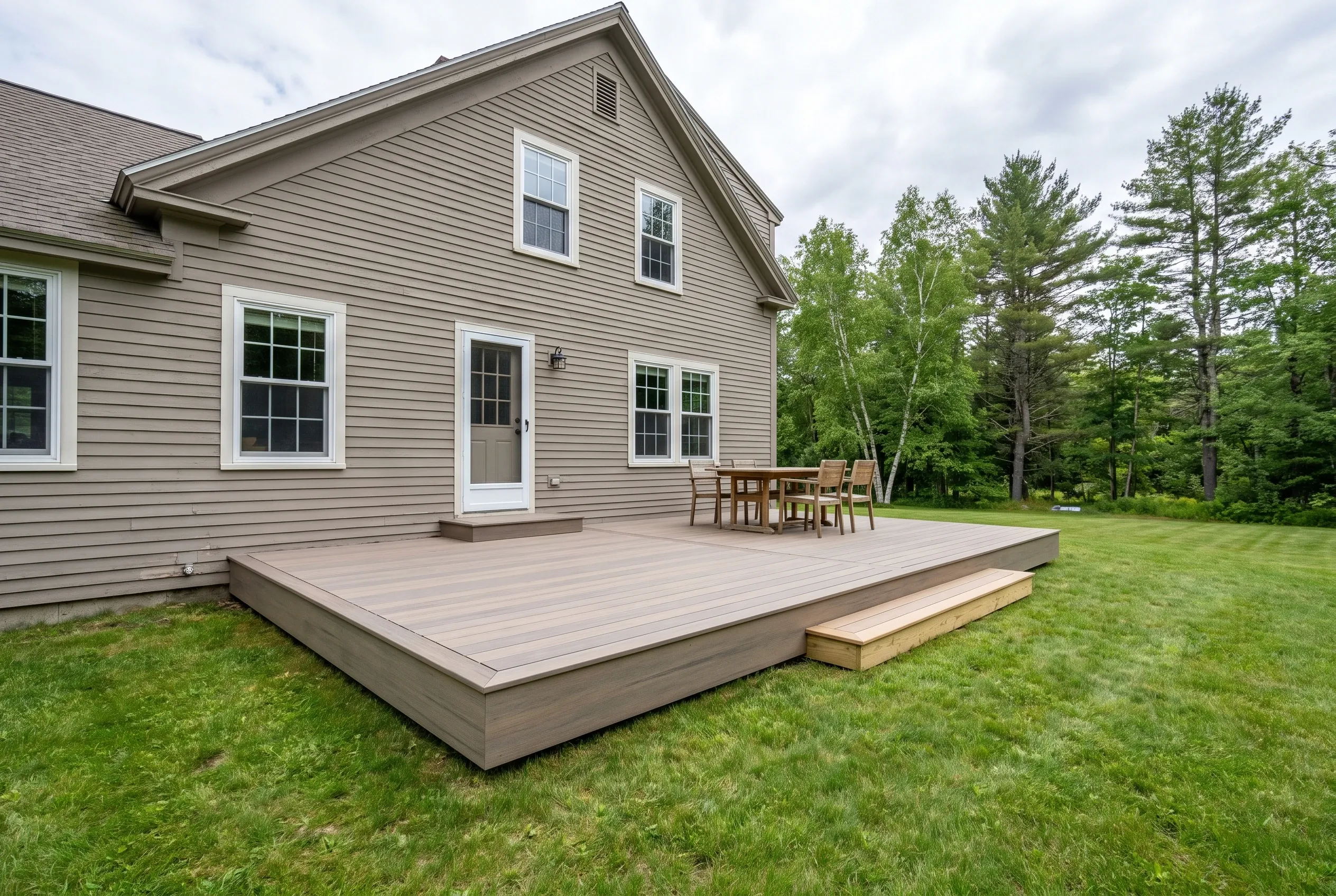 Deck builders in Lebanon, ME: low gray-brown ground-level deck with wide step, outdoor table and chairs, beside a taupe-sided two-story house