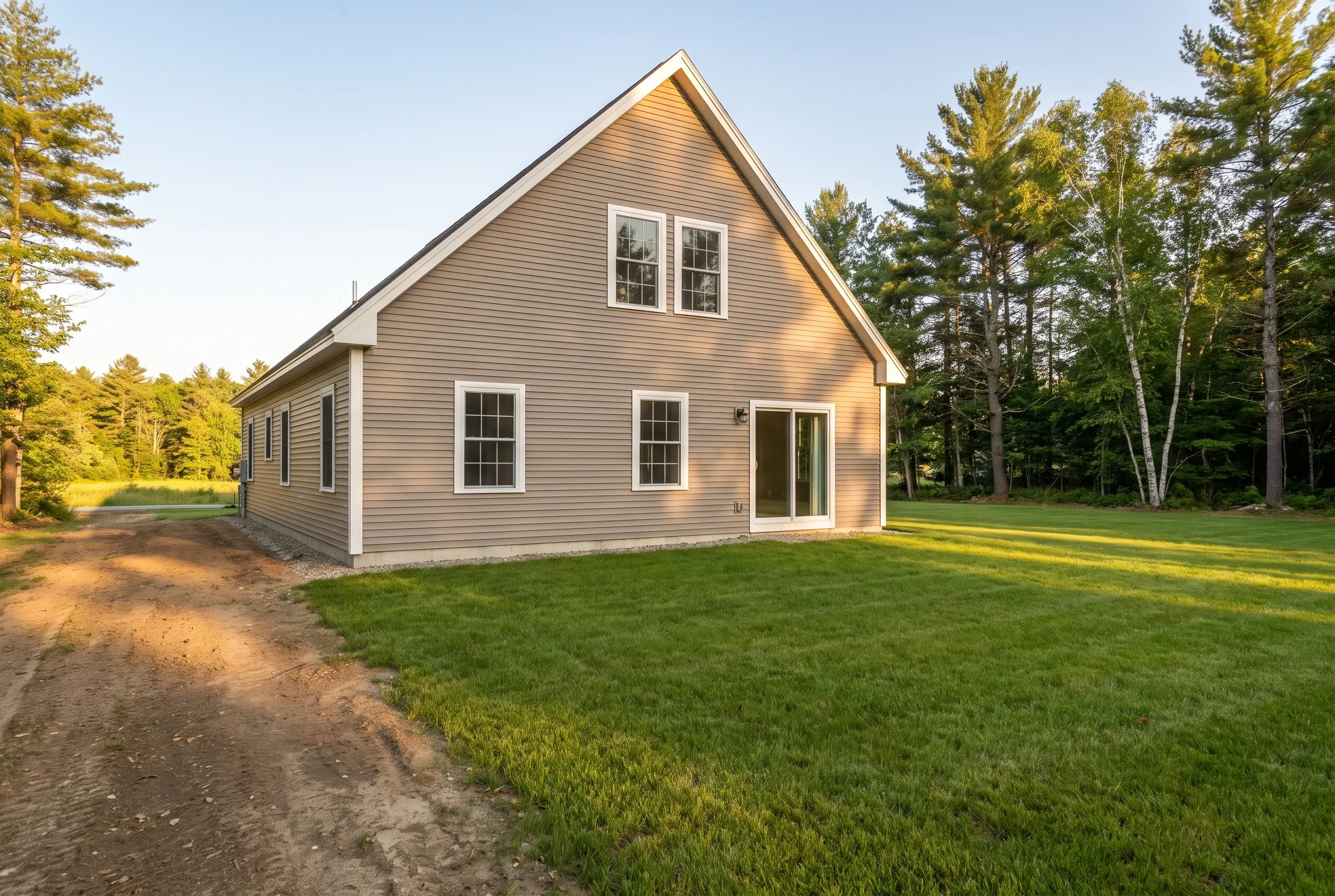 Rear of a taupe-sided house with sliding door, open lawn, and a dirt path along the side, with no deck present