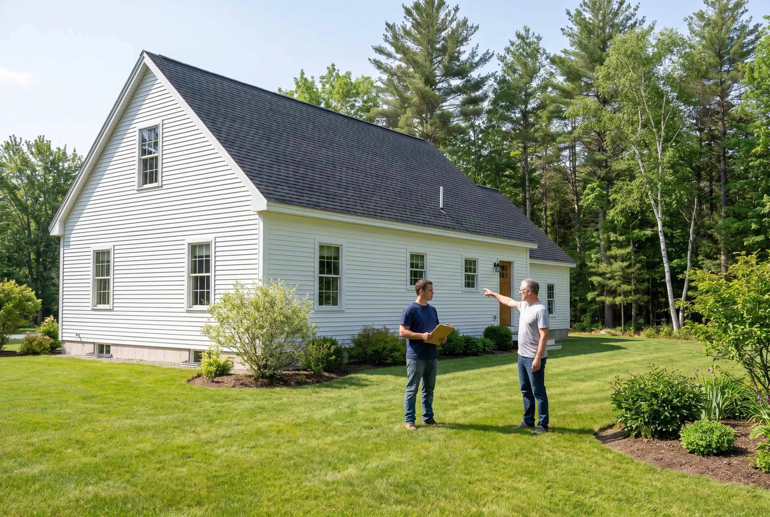 Two men talking on a lawn behind a white-sided house, one holding a clipboard while the other points toward the house