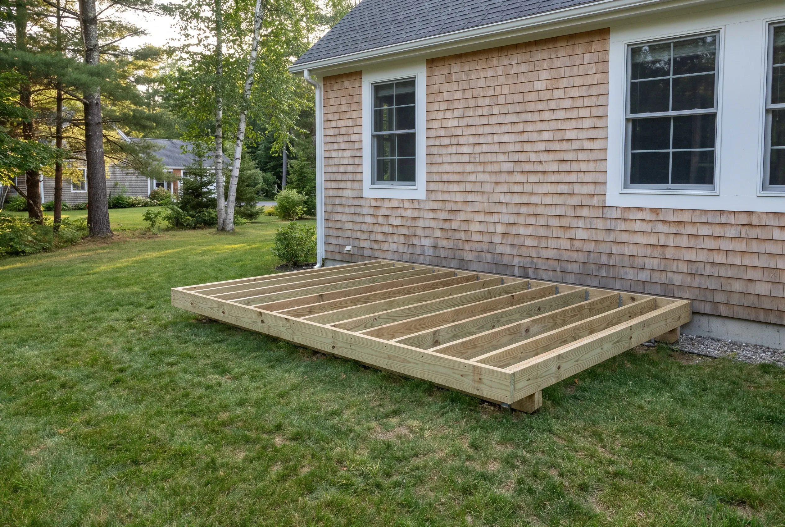 Undecked wood deck frame with joists resting on a lawn beside a cedar-shingled house, with trees in the background