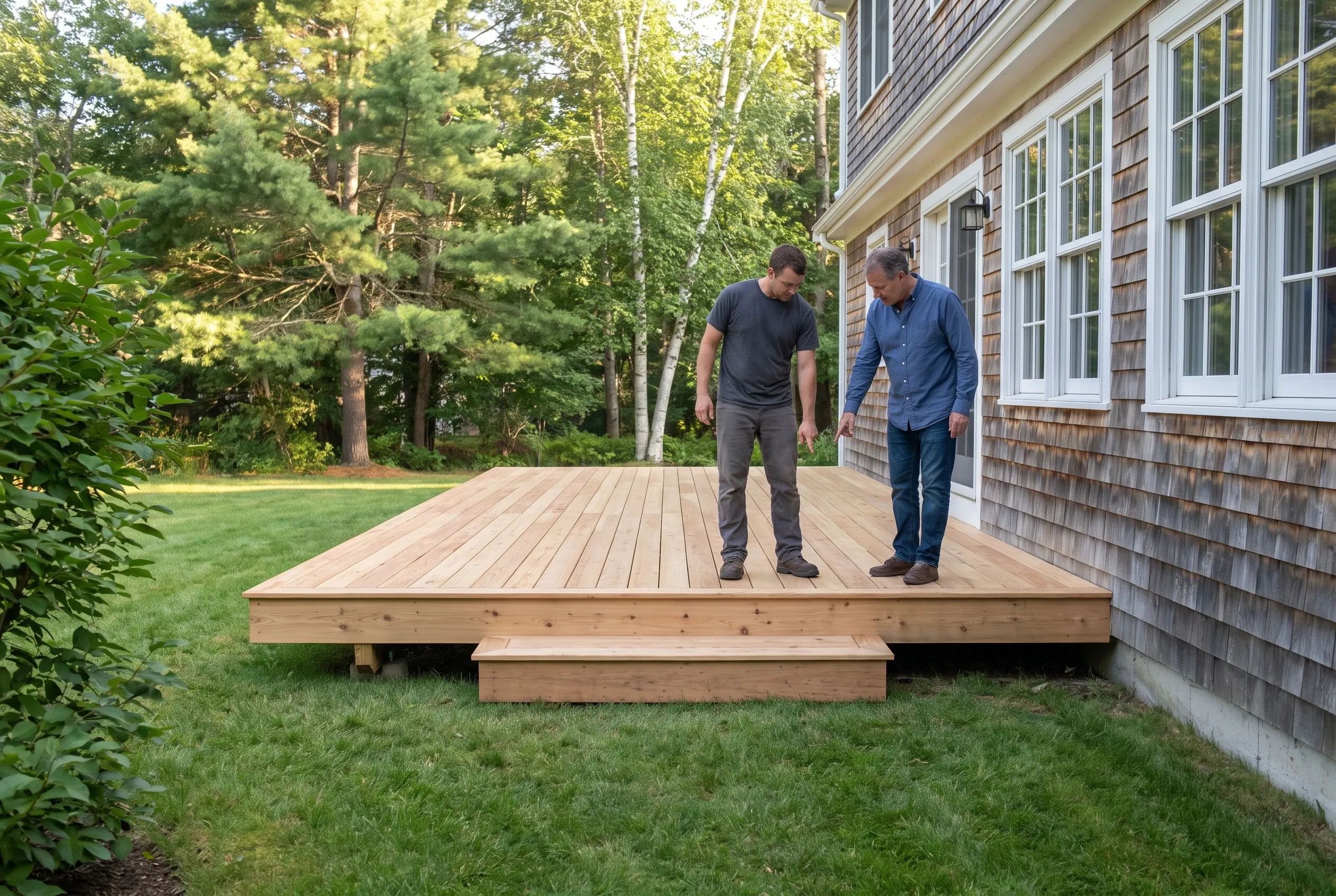 Two men standing on a finished low wood deck with a single step, next to a cedar-shingled house with large windows