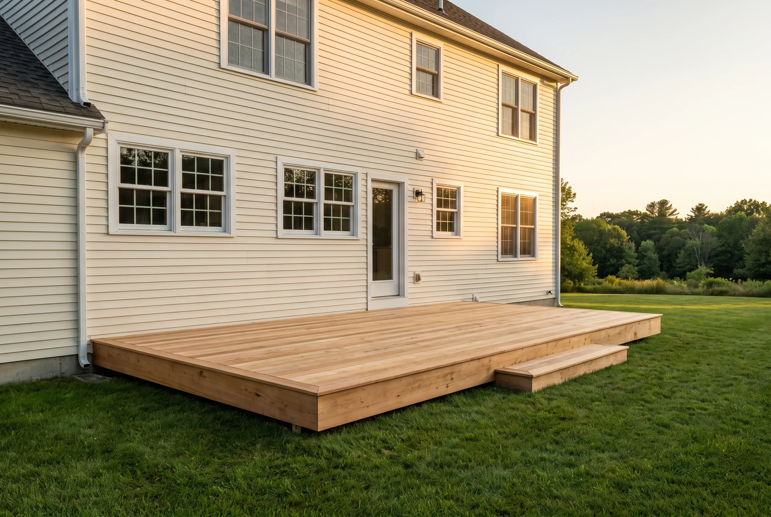 Low wood platform deck with a single step on grass behind a pale yellow two-story clapboard house, trees beyond.