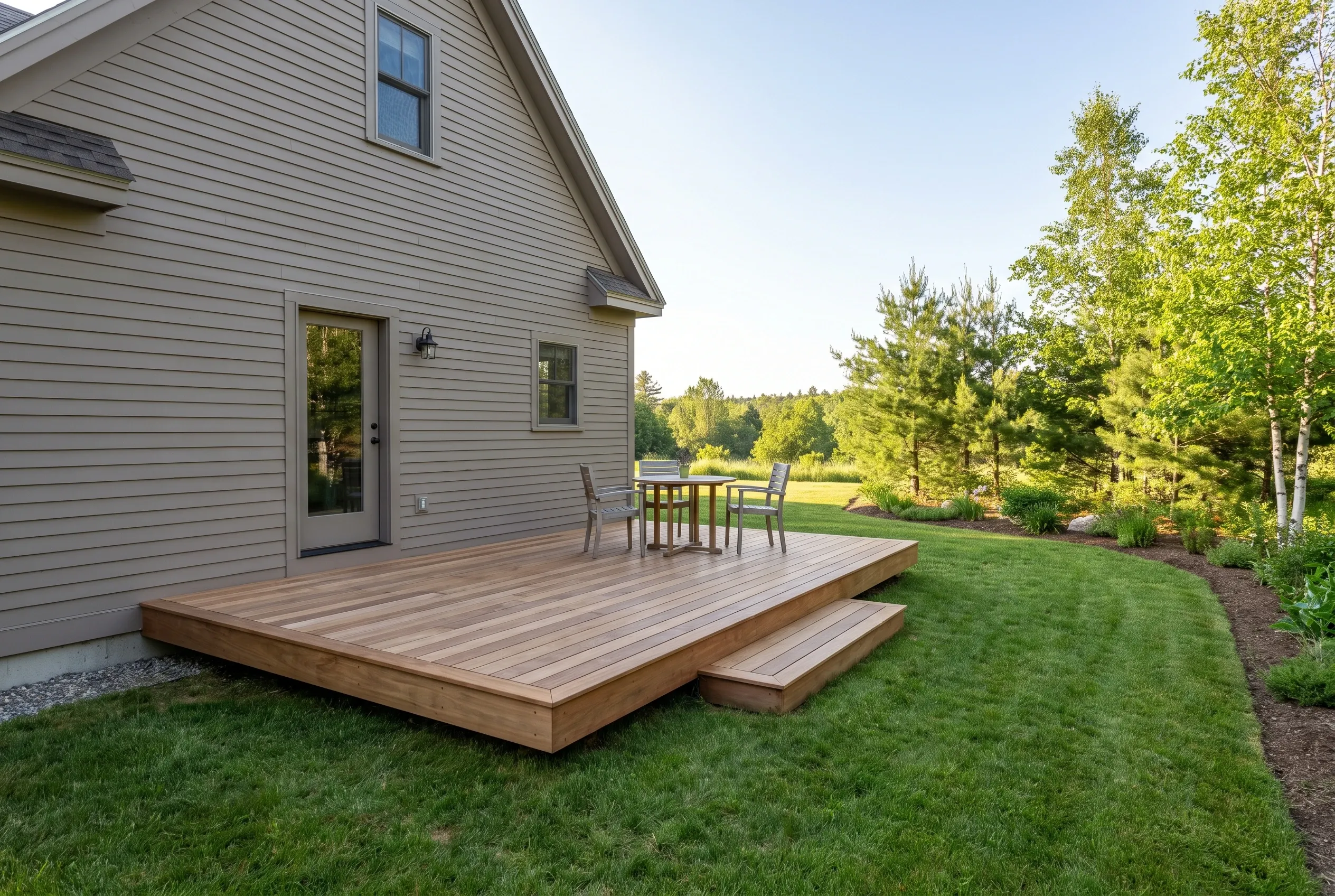 Low wood-toned deck with a step, small table and chairs, attached to a taupe-sided house beside a curved lawn edge
