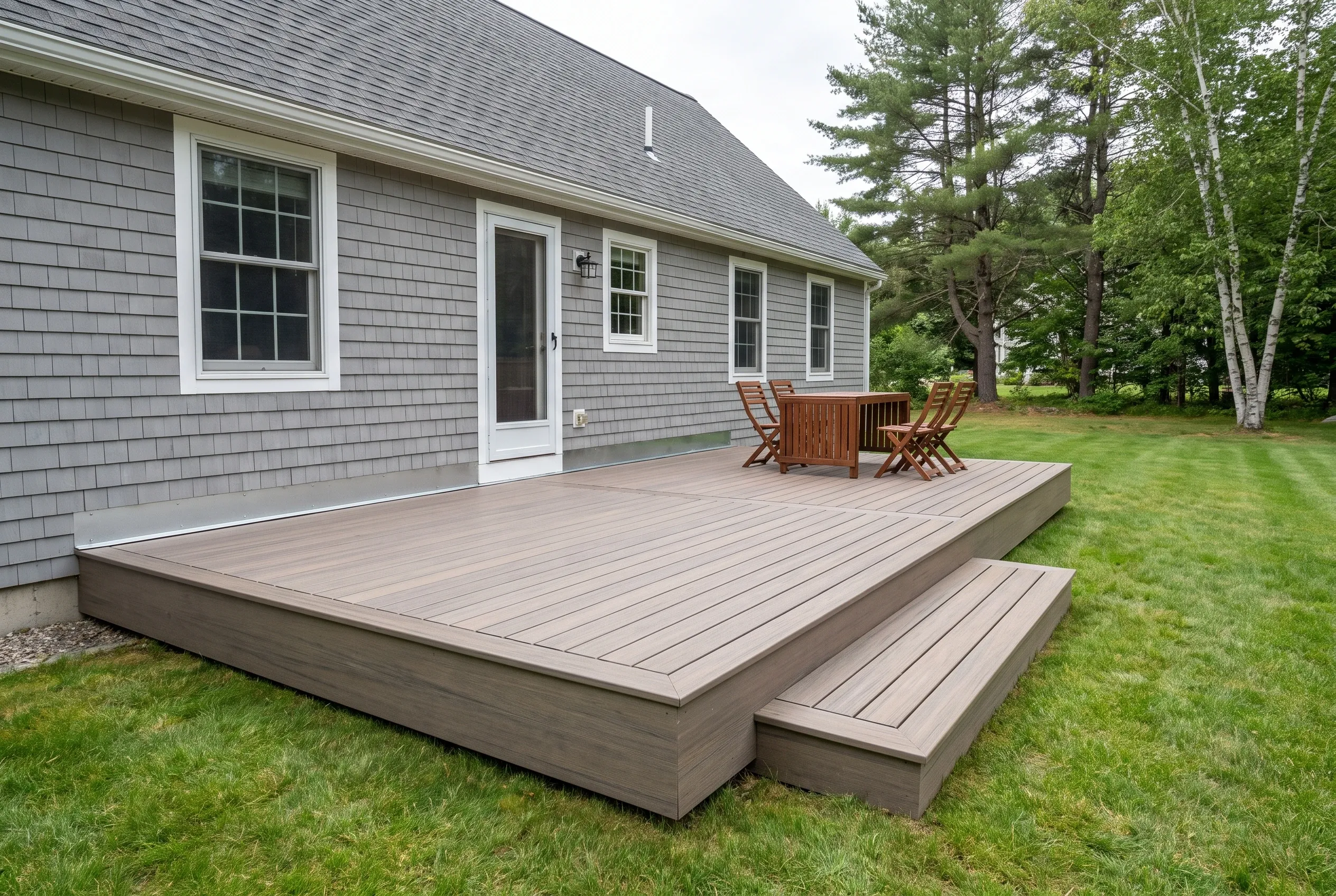Deck builders in Limerick, ME: low brown-gray deck with a wide step, table and chairs, beside a gray-shingled house with trees
