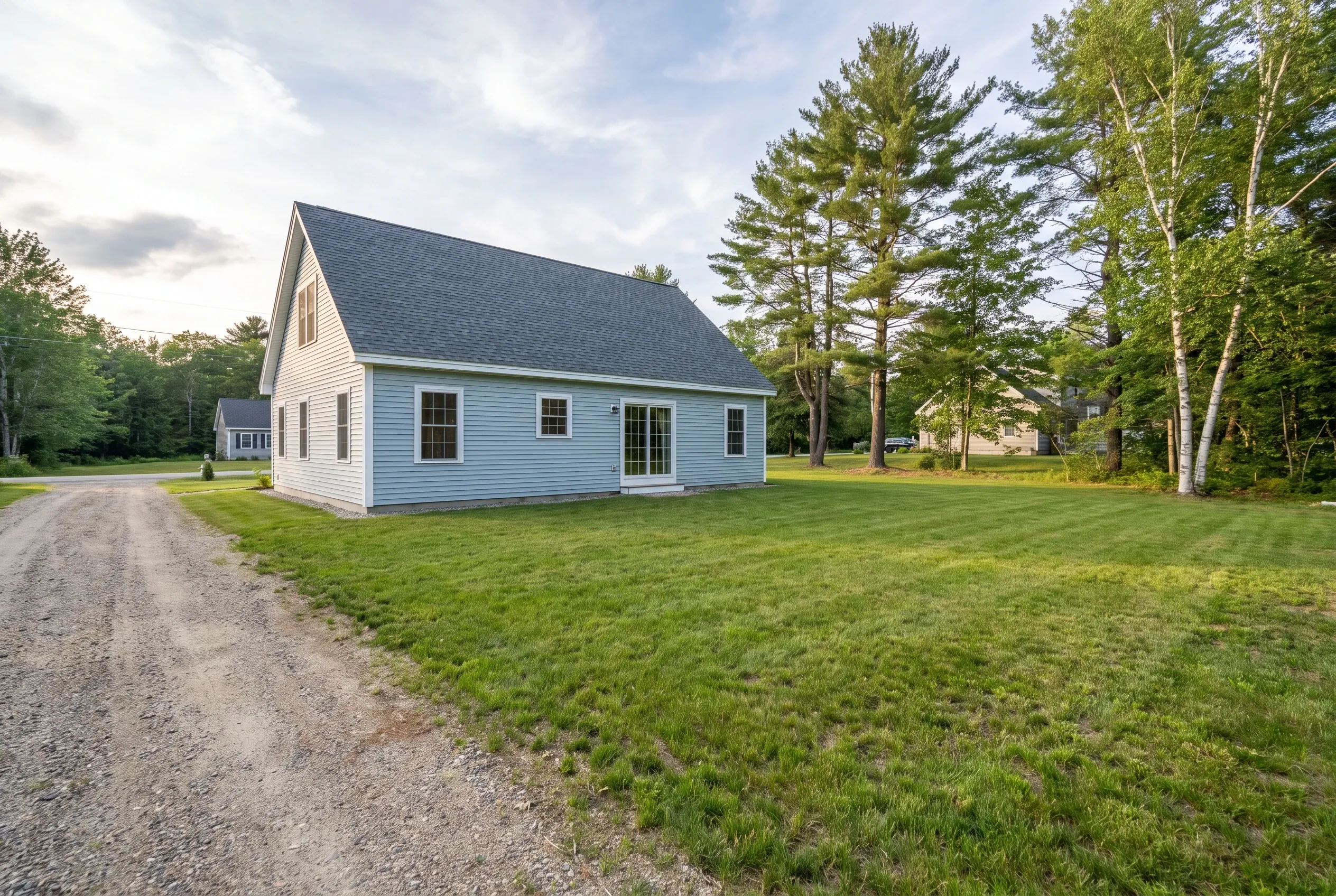 Light blue one-and-a-half-story house with gray roof beside a gravel driveway, open mowed lawn, and tall pine and birch trees