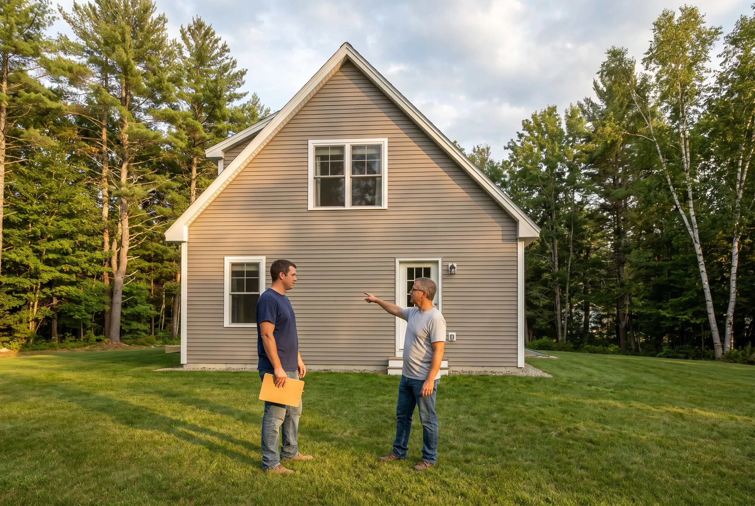 Two men talking on a lawn behind a tan sided house; one points toward the house while the other holds a folder