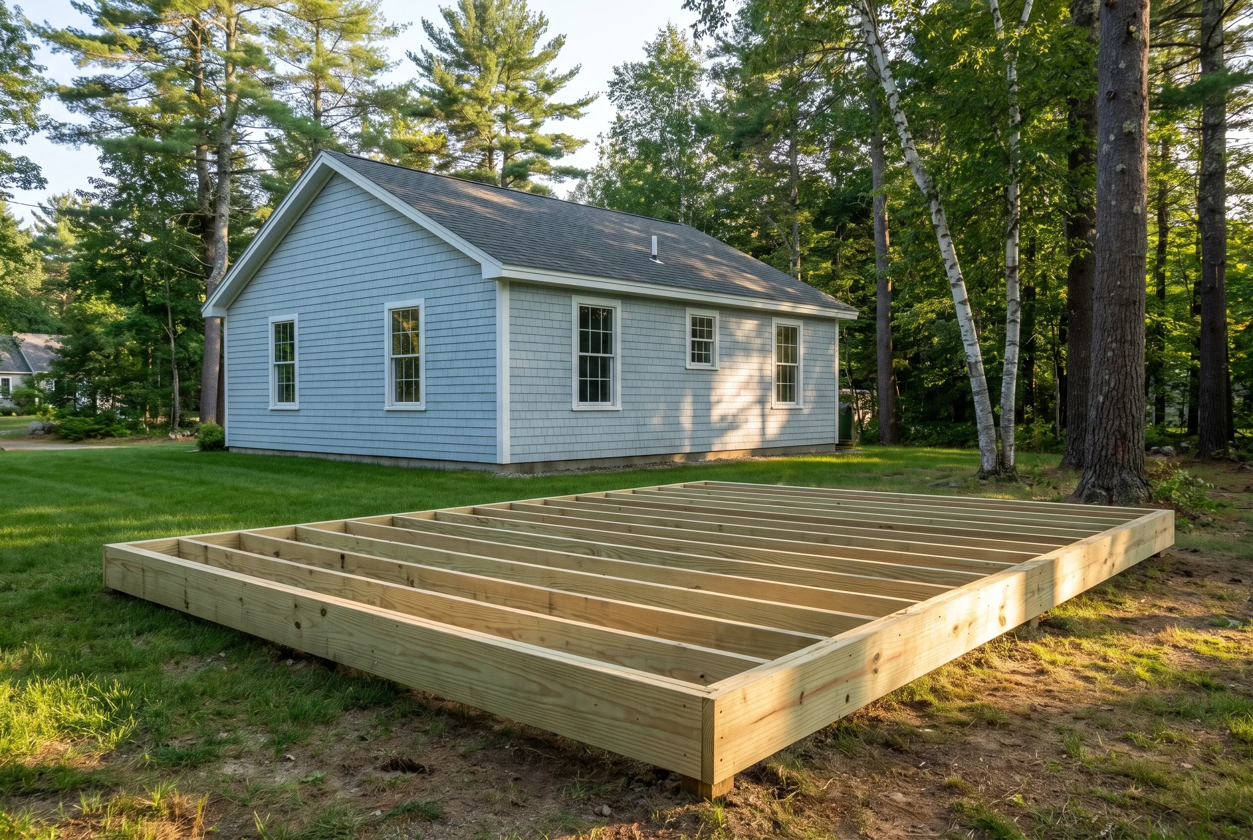 Undecked rectangular wood frame with parallel joists resting on a lawn in front of a light blue house and trees