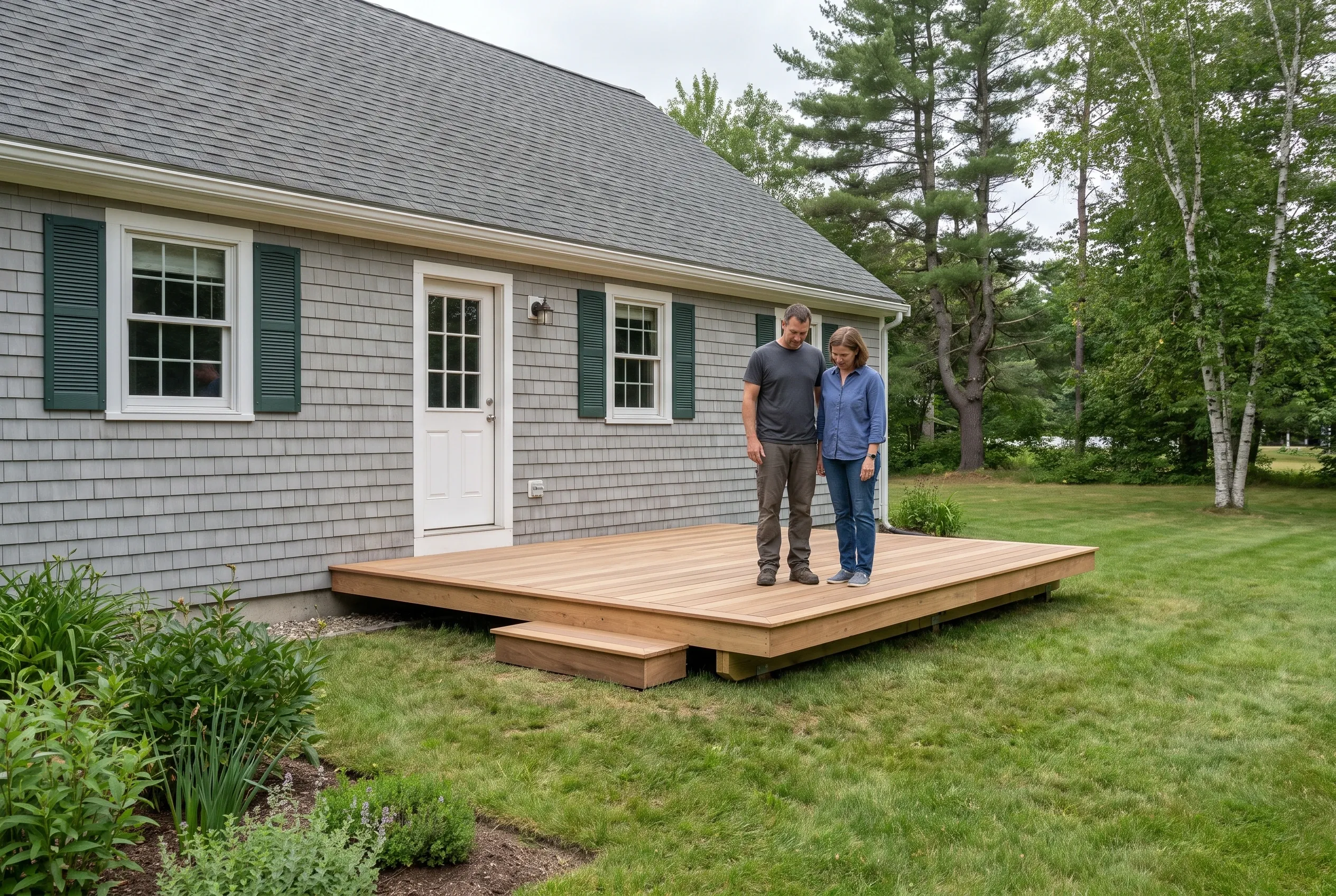 Couple standing on a finished low wood deck with a single step beside a gray shingled house with green shutters